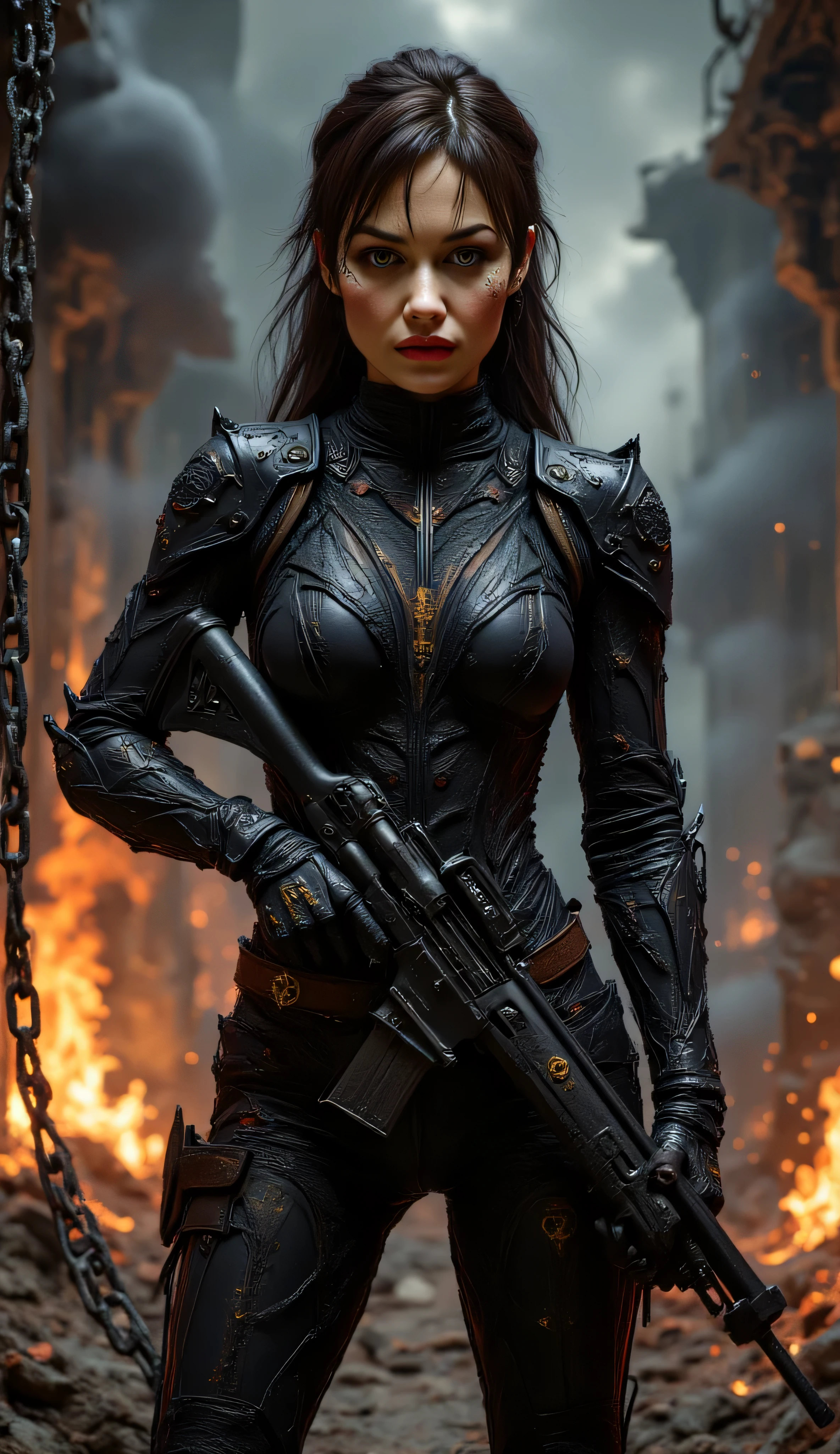 Olga Kurylenko as Faye Lee, Binary Domain, Mortal Kombat fighter, dark battle-ready tactical suit, armored details, glowing accents, holds massive futuristic sniper rifle, signature weapon, martial arts energy, ready for brutal kombat, powerful and intimidating stance, danger aura, dramatic fighting arena, torches, chains, stormy skies, Mortal Kombat atmosphere, glowing symbols, sparks of energy, gritty, intense, hyper-detailed digital art, Mortal Kombat style