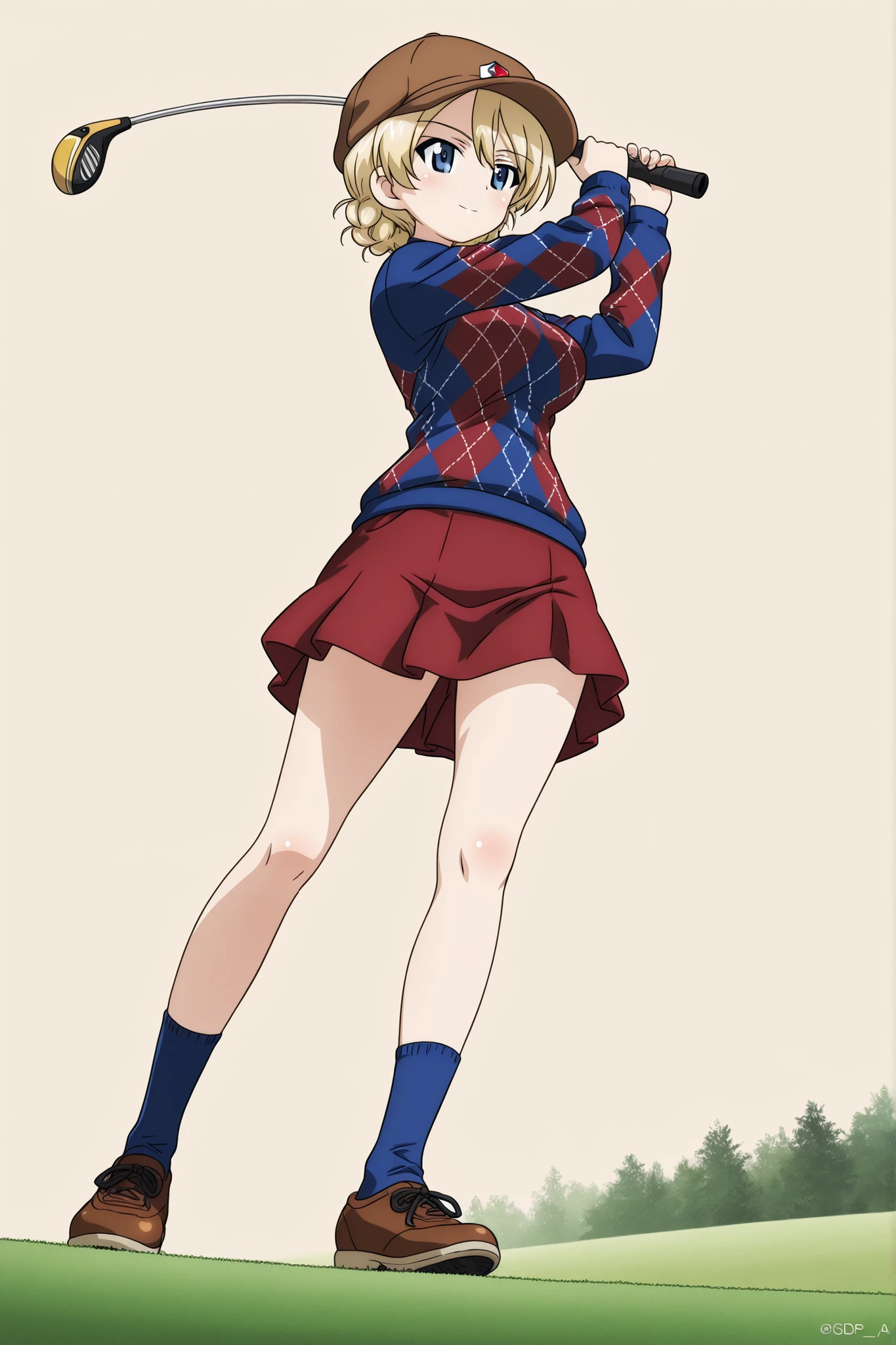 1girl, Character, Girls Und Panzer, darjeeling \(girls und panzer\), blue Argyle sweater and socks, skirt, golf shoes, newsboy cap, playing golf, golf bag, golf course, low angle shot, Girls_und_Panzer art style