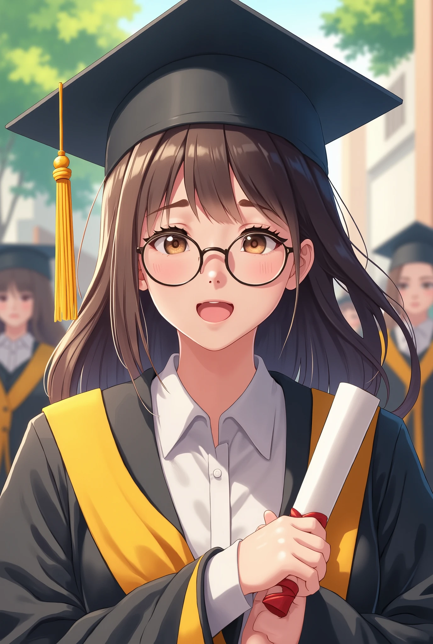 ((Highest quality)), ((傑Highest quality、masterpiece、High sensitivity、High Resolution、detailed description、depicting a delicate face))Slender Woman、glasses、thin eyebrows、with a nice smile、 Happy Expression 、high school girl、diploma awarded、Graduation Ceremony、