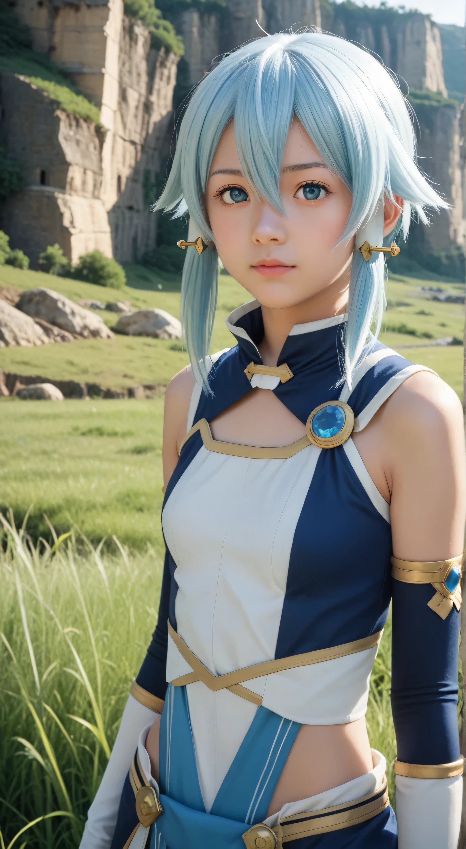 1girl, solo,asada shino,blue eyes,blue hair,hair between eyes, short,outdoors,potrait,small breast,nature,standing under ruins,sidelocks,looking at viewer, front view,close up,arm warmers,black glove,(tall grass background:1.5),(sexy outfit:1.5),Masterpiece, best quality, 8k, ultra high resolution, photorealistic, cinematic composition,(cliff:1.5)