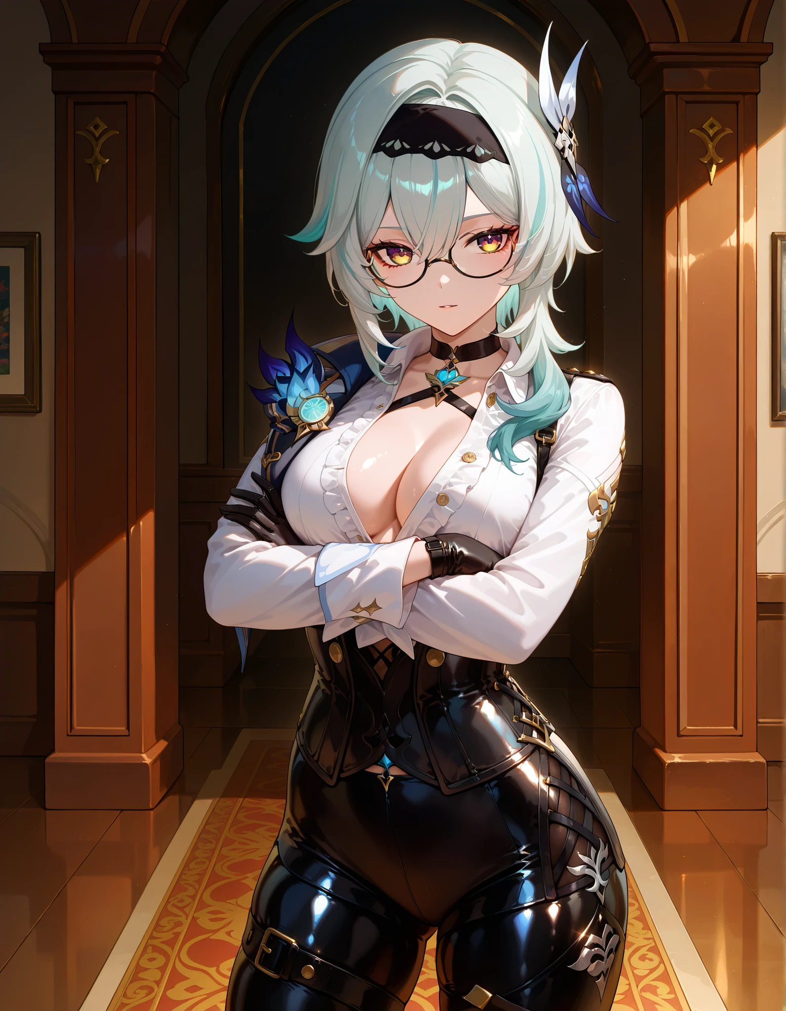 ((dark filter)), BREAK EulasDxL,a woman, Alone,  standing, pose sexy, ((arms crossed)), looking at the spectator, seductive expression, eyeglasses, hair ornament, medium length, Gloves,  Chest Harness , long sleeves white, ((cabello azul)), yellow eyes, headband,  medium hair, Pechos grandes ,  thigh harness, black headband, choker:1.6, buttoned shirt, (( Buttoned white buttoned shirt)), ((plain white long sleeve buttoned shirt)), ((black leather corset)), black leather gloves, (((Shiny black leather leggings))), multicolored eyes, (impact of Genshin),cowboy shooting, Elegant room