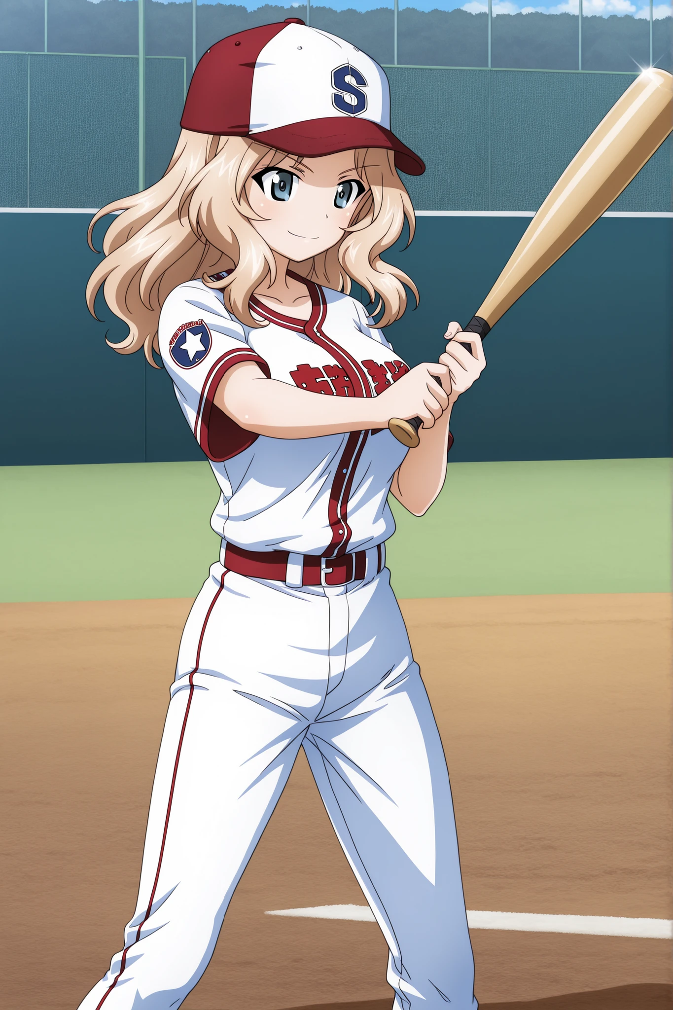 1girl, Character, Girls Und Panzer, kay \(girls und panzer\), white baseball uniform with red and blue trim and a star patch on the shoulder (“Saunders”), baseball cap with and “S” on it, baseball bat, baseball park, Girls_und_Panzer art style