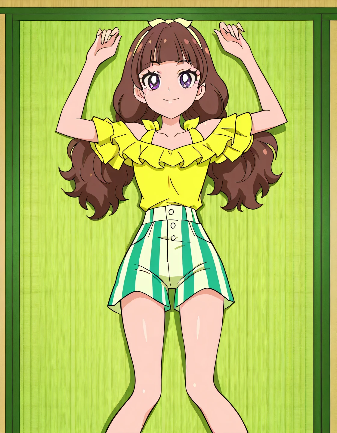 Kirara, brown_hair, low twintails, wavy twintails, bangs, purple eyes, hairband, yellow band, small breasts, yellow shirt, off-shoulder shirt, frilled shirt, short sleeves, striped shorts, anime coloring, high quality, solo, lying, on back, arms up, legs apart, closed mouth, green tatami mat, cowboy shot, looking at viewer, smile, center in frame, best quality,