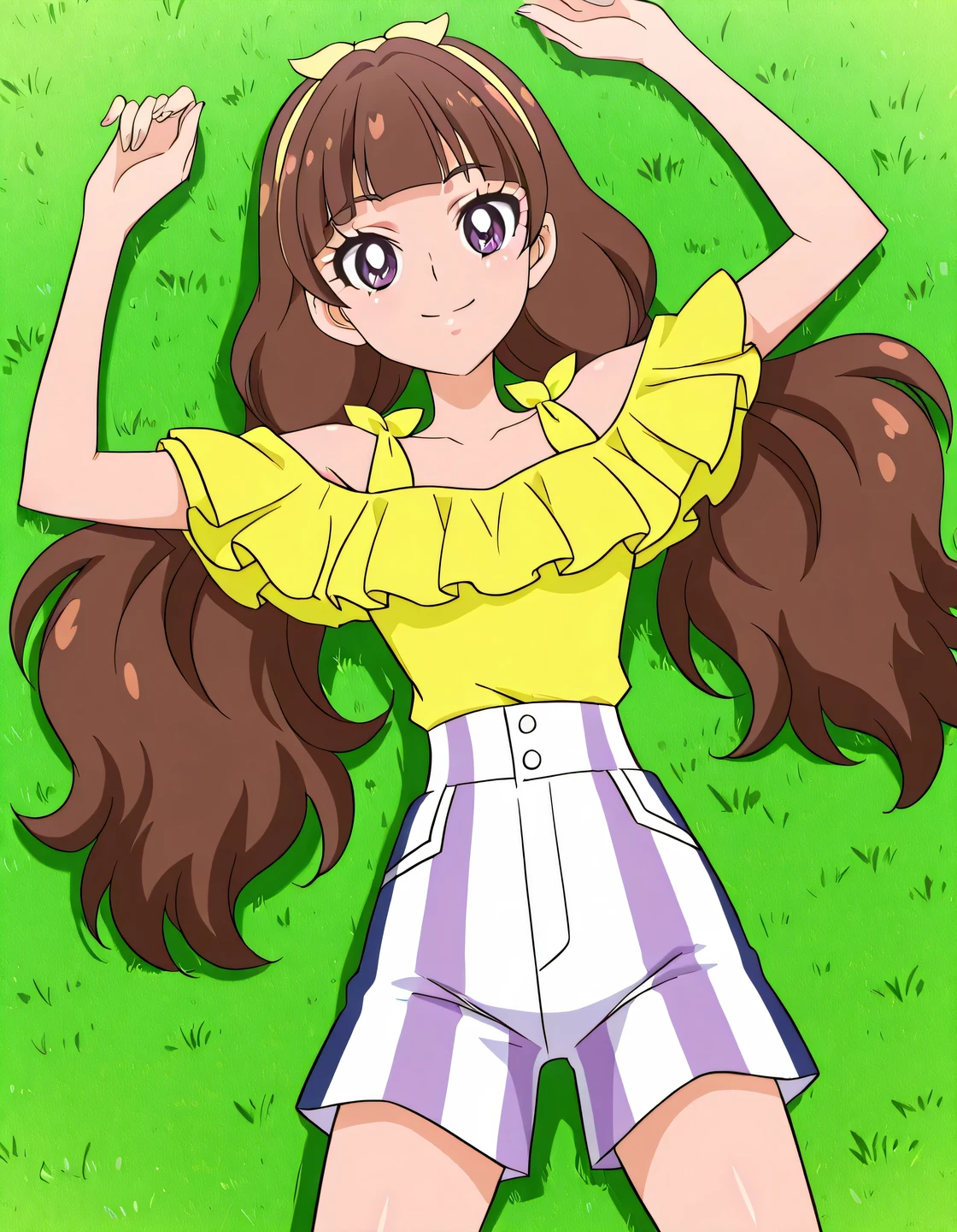 Kirara, brown_hair, low twintails, wavy twintails, bangs, purple eyes, hairband, yellow band, small , yellow shirt, off-shoulder shirt, frilled shirt, short sleeves, striped shorts, anime coloring, high quality, solo, lying, on back, arms up, , closed mouth, grass, cowboy shot, looking at viewer, smile, center in frame, best quality,
