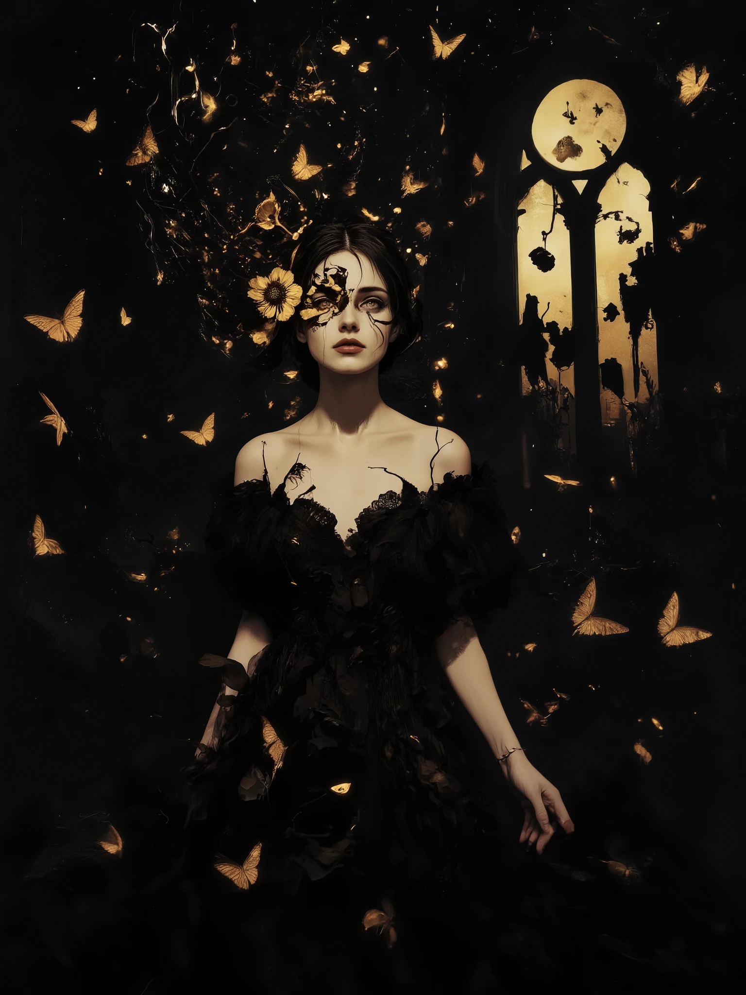 a stunning goddess of darkness and shadow, embodying the seductive dangers of the night, ethereal pale skin with a luminous glow against pitch-black surroundings, adorned with intricate jewelry made of obsidian and starlight, flowing black diaphanous gown that merges with the shadows around her, surrounded by elements of haunting beauty like dozens of moths, black roses, and swirling tendrils of darkness, her eyes hypnotic and filled with ancient wisdom, standing in a moonlit cathedral ruins where shadow creatures dance at her feet, atmosphere of mystical seduction and power, dramatic chiaroscuro lighting creating stark contrasts, photographed with cinematic depth, 8k detaile