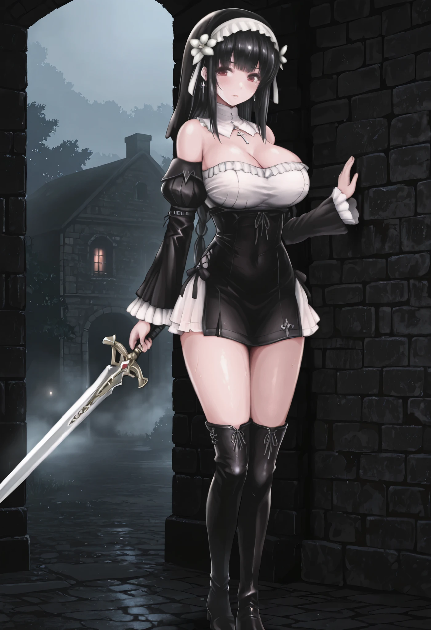  masterpiece, the best quality, muy estético, approach, 1girl, rabiane, only, Alone, standing, holds a sword in his hand, serious look, symmetrical face, black high boots, thigh-high boots,  cross necklace, detailed face, detailed eyes, detailed eyes, Red Eyes, black hair, Pechos grandes, dark, Masonry street, Villa Antigua, fog, trees, at night