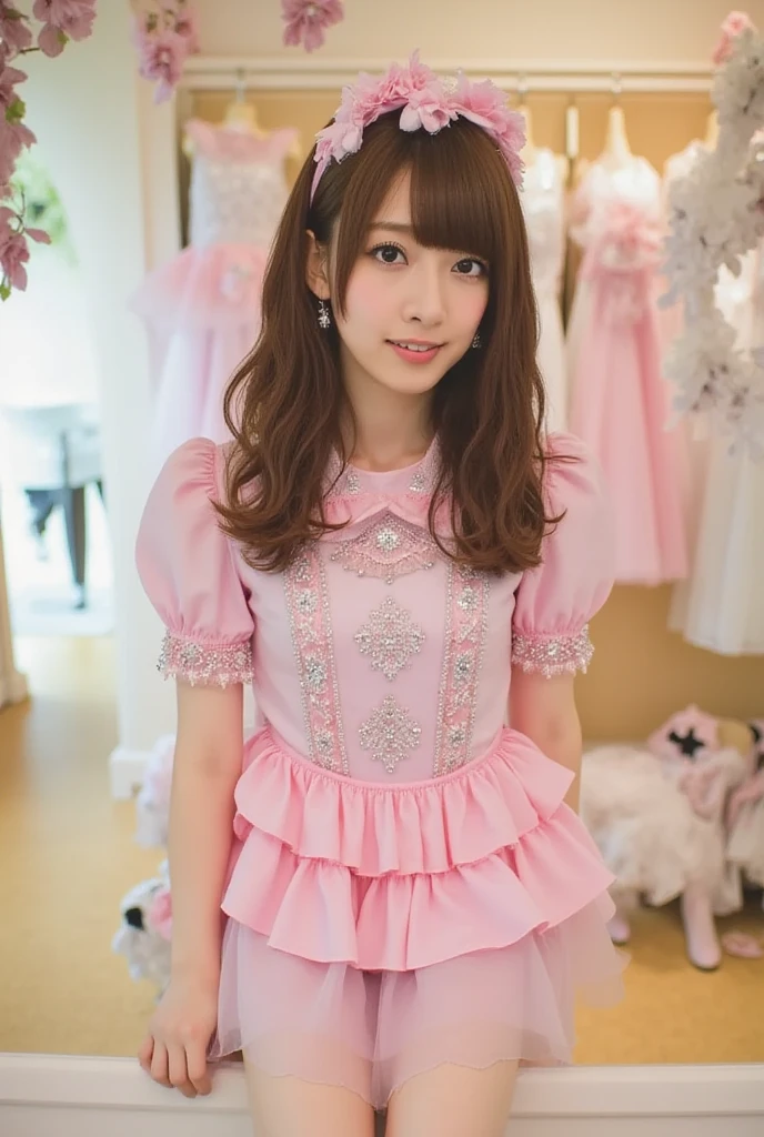 A fifty-year-old girl wearing a pink dress and white shoes stands in front of a pink wall, pastel', Cute Style, pastel, sakimichan, Soft and cute colors, Frilled collar, Portraiture!!, in pastel colors, Ruffled Costume, Magical Girl Style, Caitlin Mini Cute Style, Rococo frill dress, Lolita Style