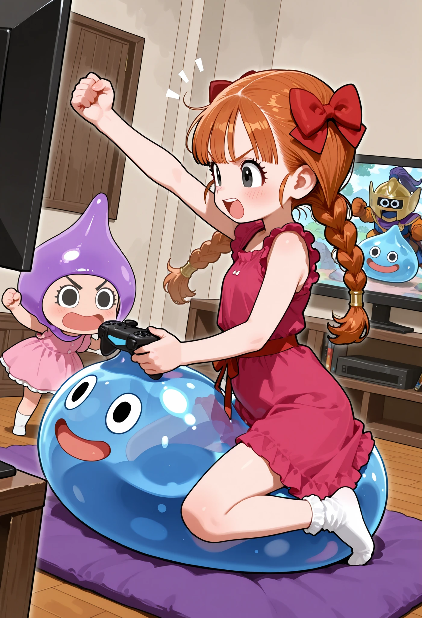 masterpiece, best quality, high resolution, ultra-detailed, very aesthetic, absurdres, chibi, 1 girl, brown twin braids, black eyes, red bow, frilled pink dress, white socks, v-shaped eyebrows, open mouth, straddling blue slime, slime_(dragon_quest), arm up, fist pump, holding controller, playing game, room, tv, from side,