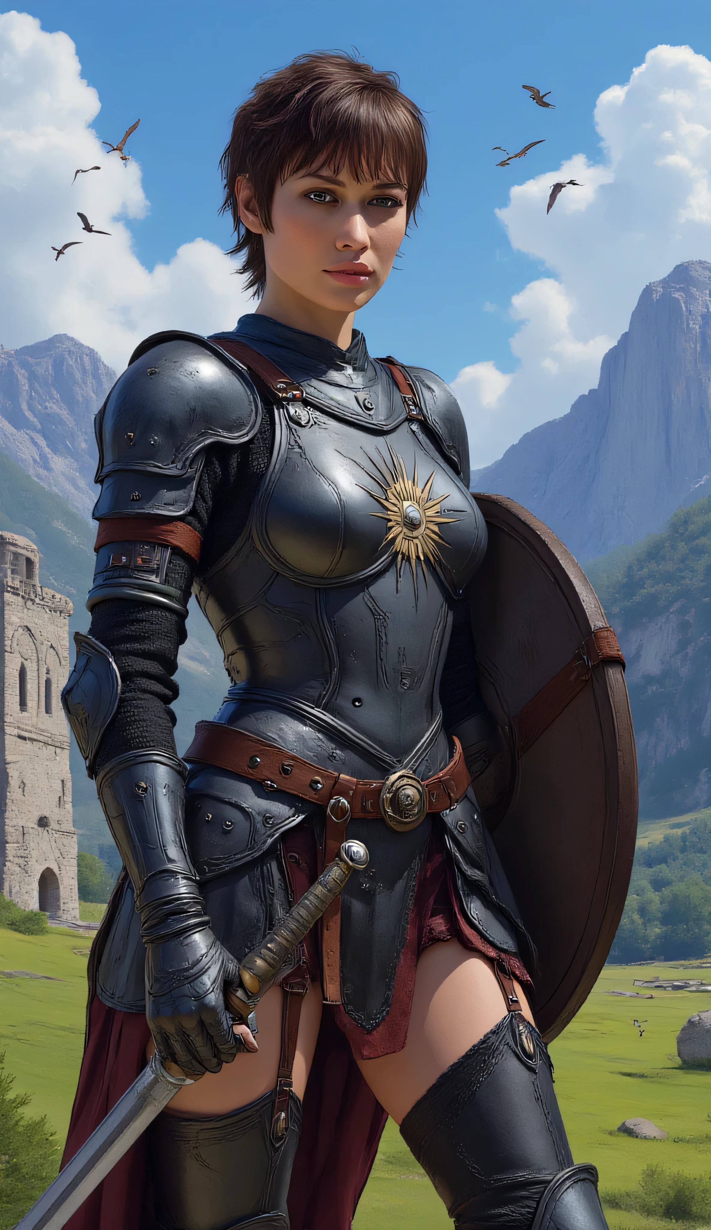 Olga Kurylenko as Cassandra Pentaghast, Dragon age, heroic knight, fantasy setting, detailed digital painting style, wears polished black and silver plate armor, radiant sun-and-eye emblem on her chestplate, symbolizing vigilance and divine power, sturdy leather belt and straps secure her armor, steel gauntlets, protective bracers, holds a longsword in one hand and a large rectangular shield in the other, standing tall and resolute, short hair, stern expression, confidence and determination, bright fantasy landscape, green fields, ruined stone walls, towering mountains under a clear blue sky with soaring birds, cinematic fantasy artwork, heroic and inspiring atmosphere