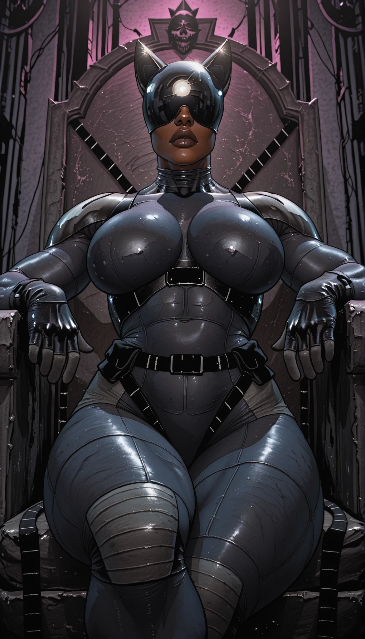 AbsoluteCatwoman, dark-skinned female, mirrored helmet, nose, lips and cheeks are visible, fake cat ears, fake tail, bodysuit, gloves, belt, huge breasts, thick muscular thighs, wide curvy hips, covered eyes, from below, dynamic angle, indoor, legs crossed, sitting on throne