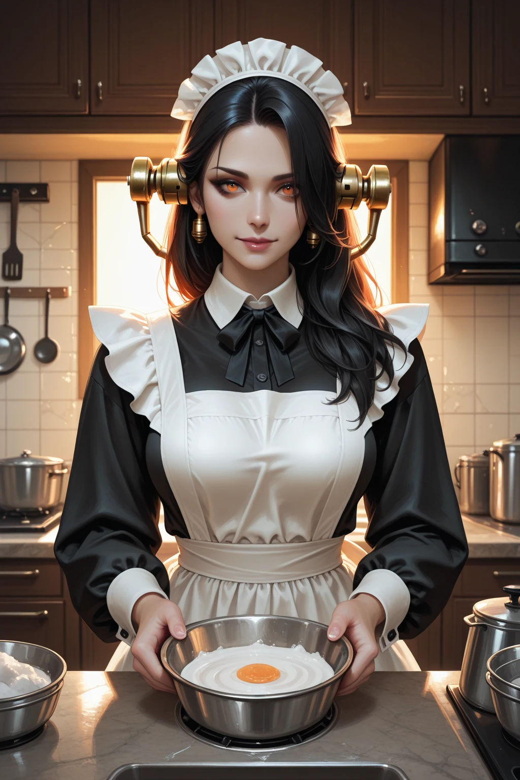 femme brune dans la cuisine en tenue de soubrette