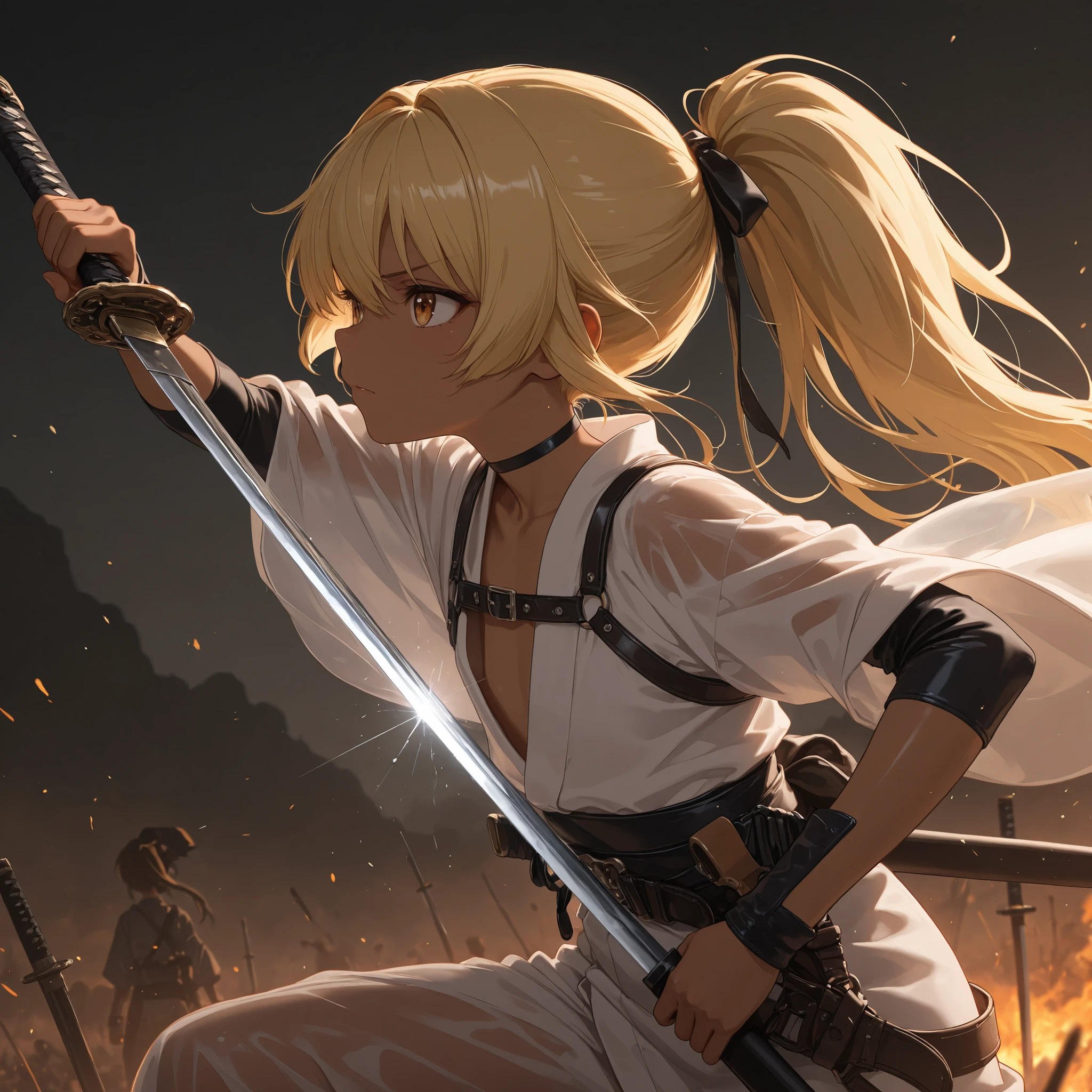 solo,masterpiece, Highest Quality, prompt, reproduces very beautiful AI illustrations, Movie quality , Thematic Depth,Hurricane Saturation, focus theme, anime, anime着色, Shiny Brown Skin,Combines with enemies、Rough Brown Skin,
1 girls　Kunoichi,Yellow Hair,ponytail,,Japanese Kimono、very small chest,battlefield,holding a translucent shining Japanese sword,How to draw a sword, girls, Full Leather Harness,leather tool belt,An action scene of intense movement with a translucent shining Japanese sword,The Mysteries of Swords