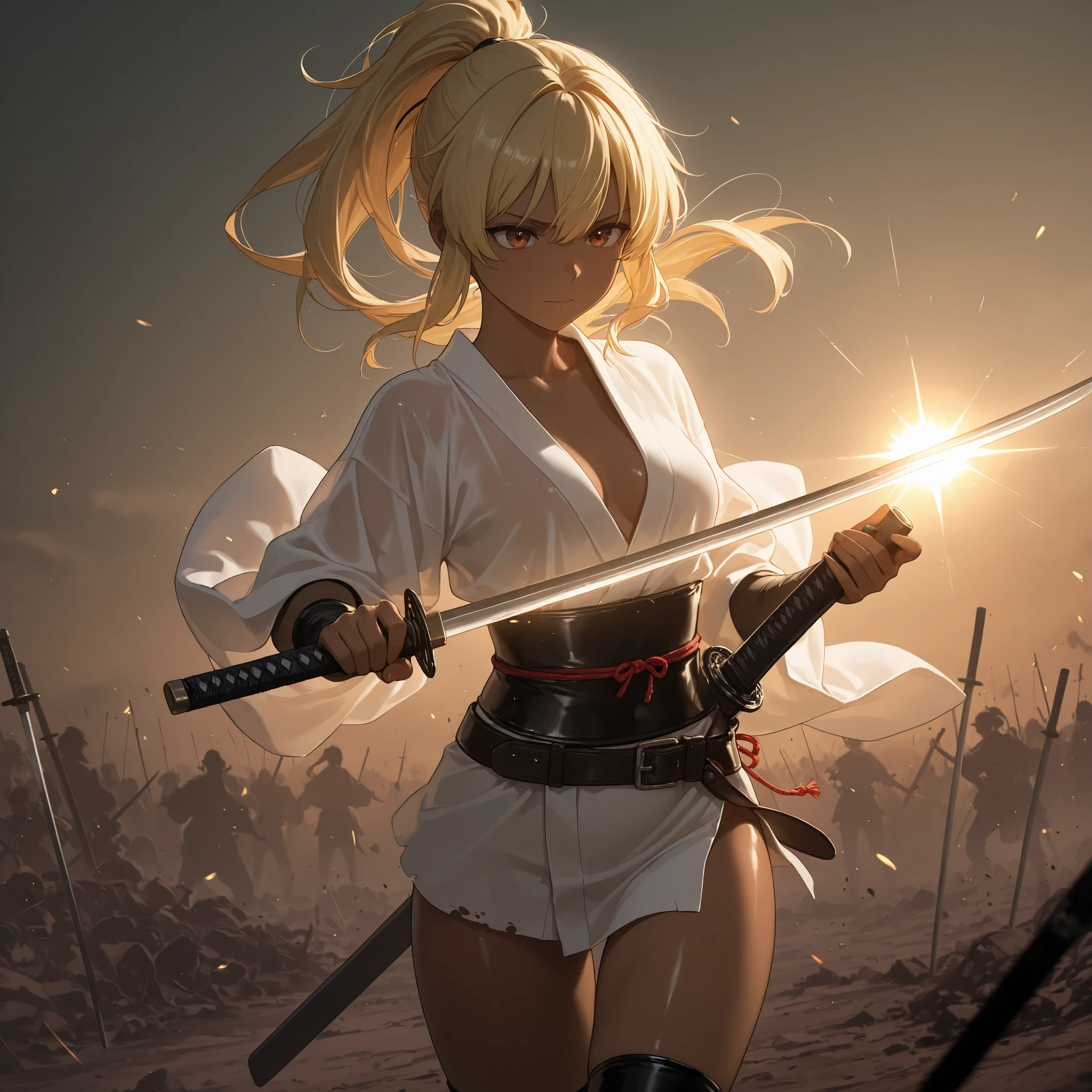 solo,masterpiece, Highest Quality, prompt, reproduces very beautiful AI illustrations, Movie quality , Thematic Depth,Hurricane Saturation, focus theme, anime, anime着色, Shiny Brown Skin,Combines with enemies、Rough Brown Skin,
1 girls　Kunoichi,Yellow Hair,ponytail,,Japanese Kimono、battlefield,holding a translucent shining Japanese sword,How to draw a sword, girls, leather tool belt,An action scene of intense movement with a translucent shining Japanese sword,The Mysteries of Swords