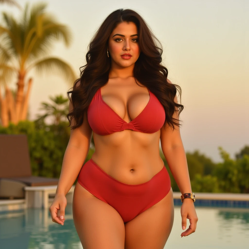 49 yo mature MILF Aishwarya Rai, red ???? ??????, thigh high boots, navel piercing, ponytail hair, bright sunny day scene, athletic curvaceous milf body, posing in water villa in Maldives, hourglass milf figure, perfect ???????, soft volumetric lights, intricate details, (ArtStation:1.2)