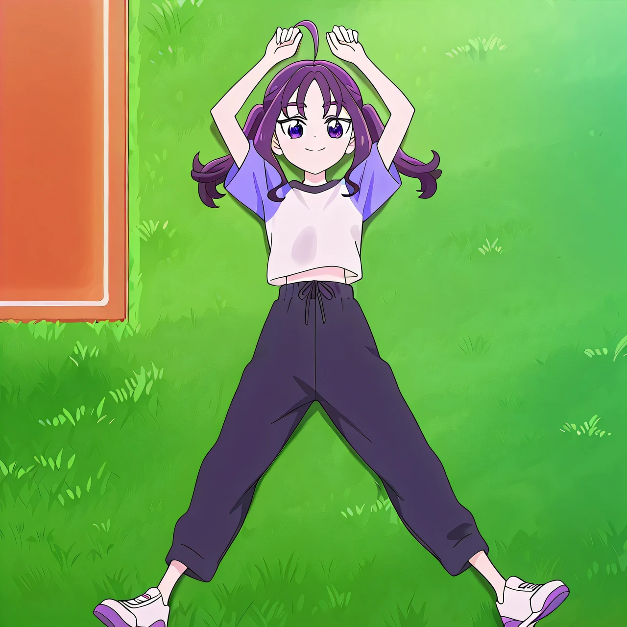 shigure kokoro, gym uniform, short twintails, purple hair, long hair, sidelocks, ahoge, shiny hair, parted bangs, purple eyes, thick eyebrows, eyebrows visible through hair, t-shirt, white shirt, raglan sleeves, short sleeves, midriff, black pants, sweatpants, white footwear, purple footwear, sneakers, no socks, anime screencap, high quality, solo, lying, on back, arms up, legs apart, closed mouth, grass, full body, looking at viewer, smile, best quality,
