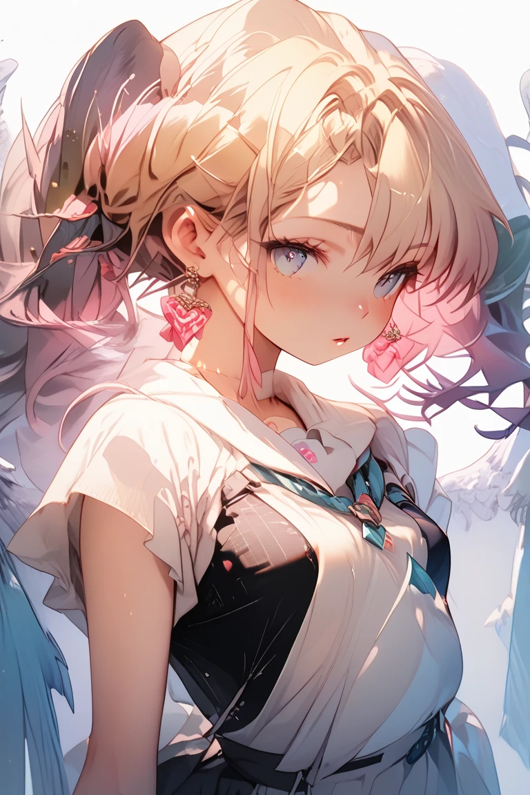 masterpiece, best quality, highres, 1girl, shiranui flare, streaked hair, multicolored hair, dark skin, long hair, blonde hair, hair blue bow, pointy ears, solo, sidelocks, white gloves, detached sleeves, garter straps, white thighhighs, high ponytail, white dress, red eyes, red bowtie, white hair, dark elf, long sleeves,  shoulders, ponytail, cowboy shot, walking, 