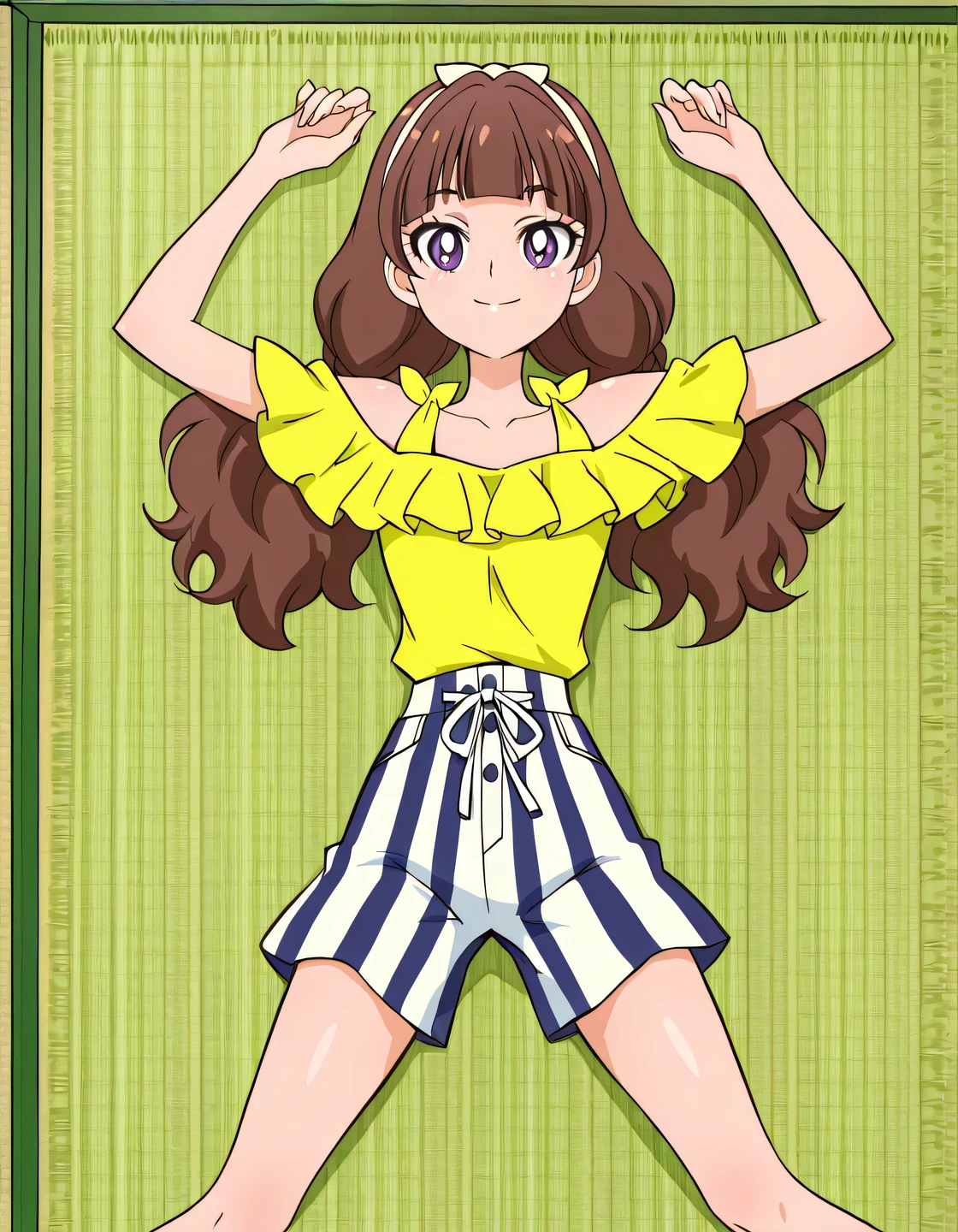 Kirara, brown_hair, low twintails, wavy twintails, bangs, purple eyes, hairband, yellow band, small , yellow shirt, off-shoulder shirt, frilled shirt, short sleeves, striped shorts, anime coloring, high quality, solo, lying, on back, arms up, (), closed mouth, green tatami mat, cowboy shot, looking at viewer, smile, center in frame, best quality,