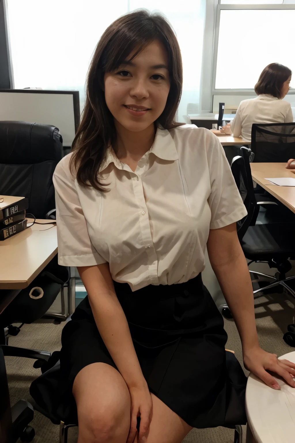 one Japanese woman, 20 years old, slender body, small breasts, very thin waist, mono lid, office-lady, business cloth, white shirt , collared shirt, black skirt, pencil skirt, sitting chair, against the simple window, open legs, bent knees, Bright room, light smile, shy, blush , (flat-shaped face, oblong face), whole body, Full Body Photo , detailed face, detailed eyes, thin, fit, portrait photo, Masterpiece, professional photo quality, super high resolution, photogravure , bloom, brightness, skin texture style, realism, detailed