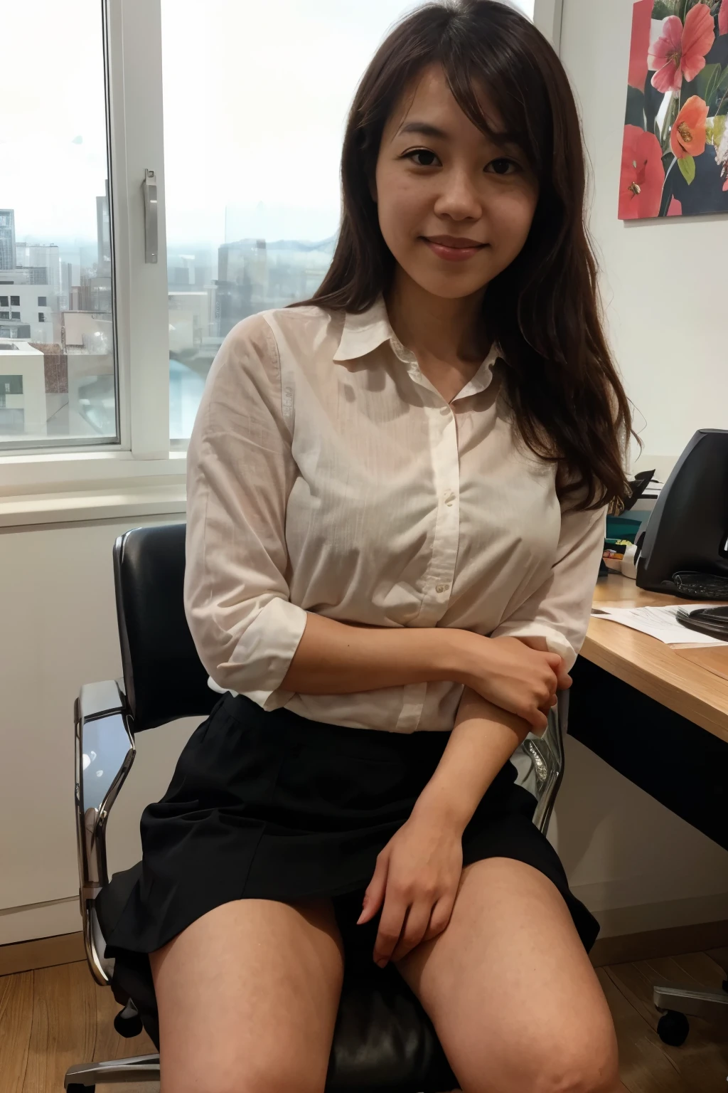 one Japanese woman, 20 years old, slender body, small breasts, very thin waist, mono lid, office-lady, business cloth, white shirt , collared shirt, black skirt, pencil skirt, sitting chair, against the simple window, open legs, bent knees, hands on own hips, Bright room, light smile, shy, blush , (flat-shaped face, oblong face), whole body, Full Body Photo , detailed face, detailed eyes, thin, fit, portrait photo, Masterpiece, professional photo quality, super high resolution, photogravure , bloom, brightness, skin texture style, realism, detailed