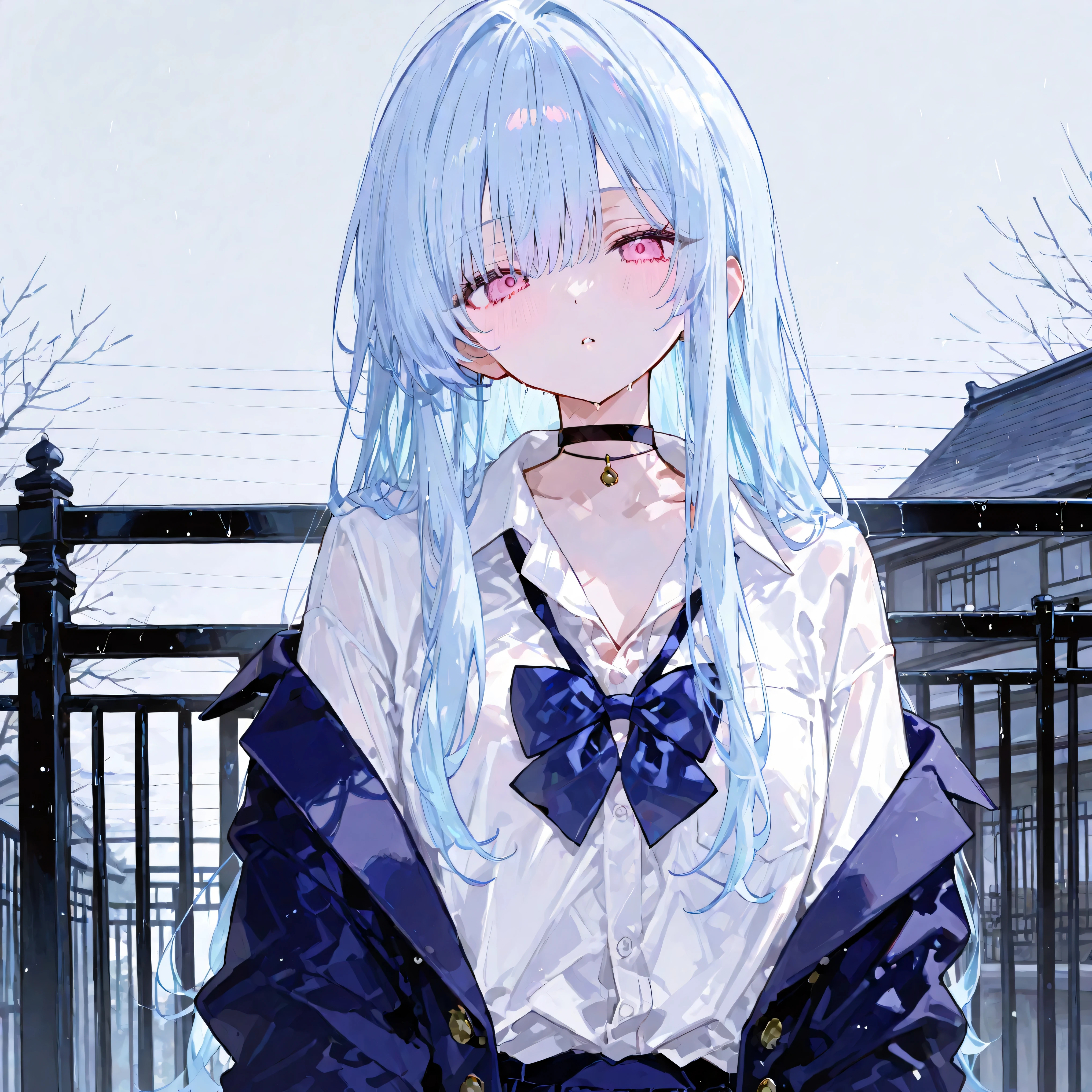 one girl、light blue hair、long hair、black choker on neck、simple choker、pink eyes、cute、White Shirt、navy blue blazer、school uniform、loose、looking at this、No expression、The background is only the large lattice-shaped fence on the roof of the school、the gray sky is visible behind the fence、It's raining weakly、There is no depiction of a house in the background、There is no depiction of the shirt being transparent