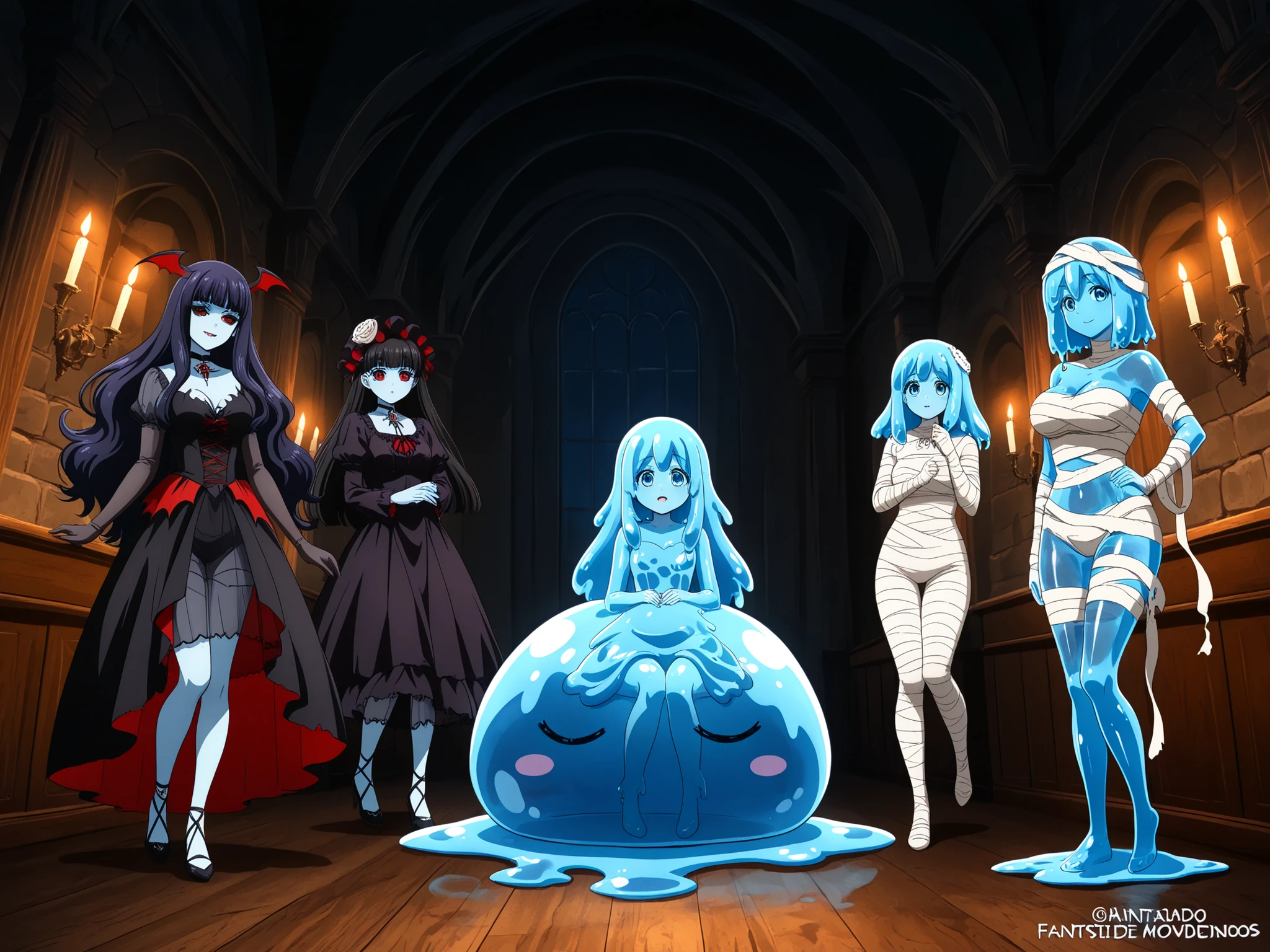(Slime puddle,blue skin, translucent skin, colored skin,slime girl, monster girl, slime_girl,Transparent body,Slime puddle,Drippy slime,See-through clothes,Slime core),Vampire Dress,mummy costume,un grupo de chicas monstruos jugando videojuegos juntas,una vampira,una momia y una slime,alta calidad,4K,detallado,iluminación de estudio,colores vibrantes,interior,ambiente oscuro,estilo anime,fantasía,ilustración digital
