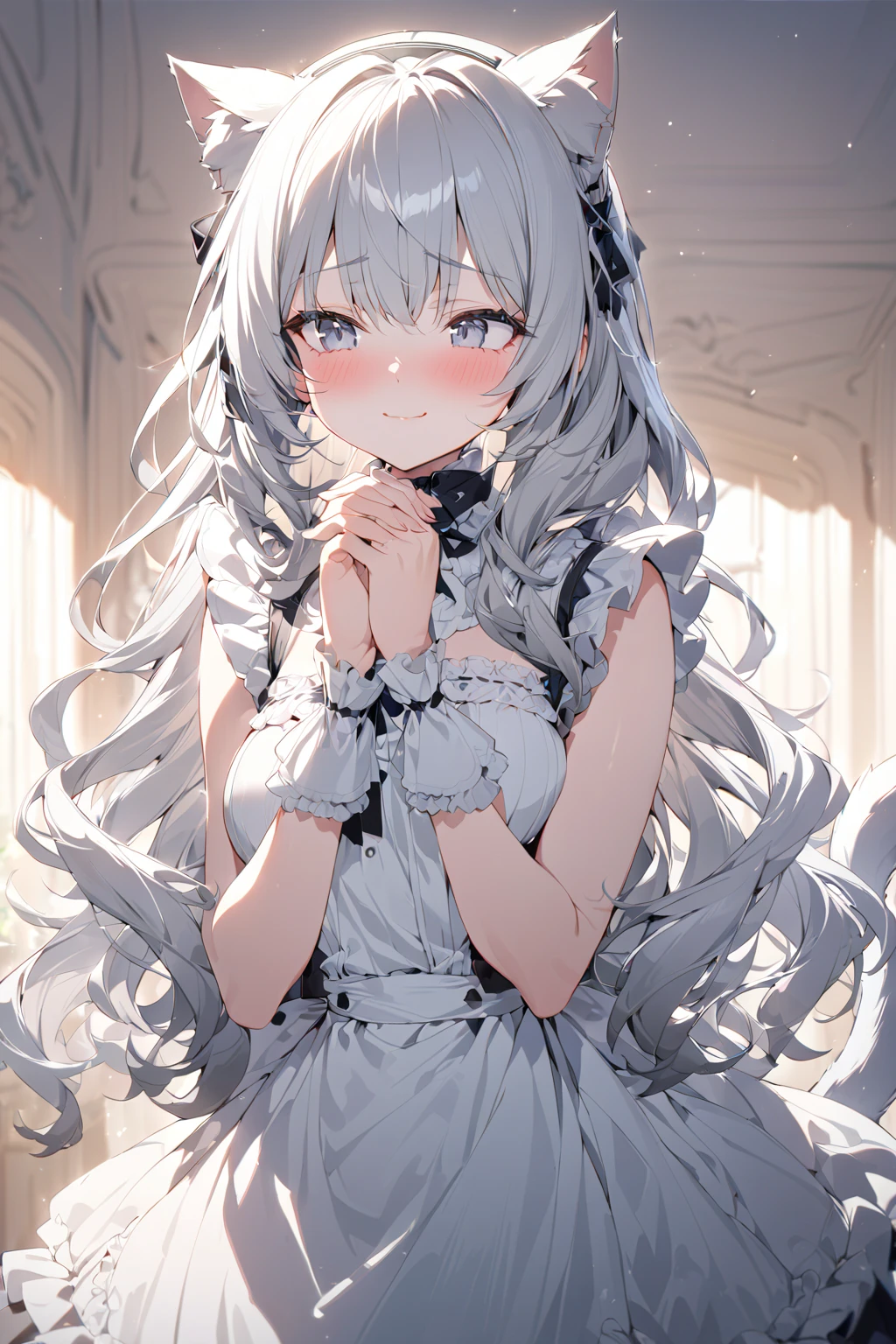 silber hair,butterflys,Long grey hair,Light pink wedding dresses,8k wallpaper,detailedbackground,Highest high resolution,Deep V Big,Hair covering one eye,Bandeau Wedding Dress,chies,white roses and pale pink roses,tight fitted,Stockings,(((perfect and cute hands)))