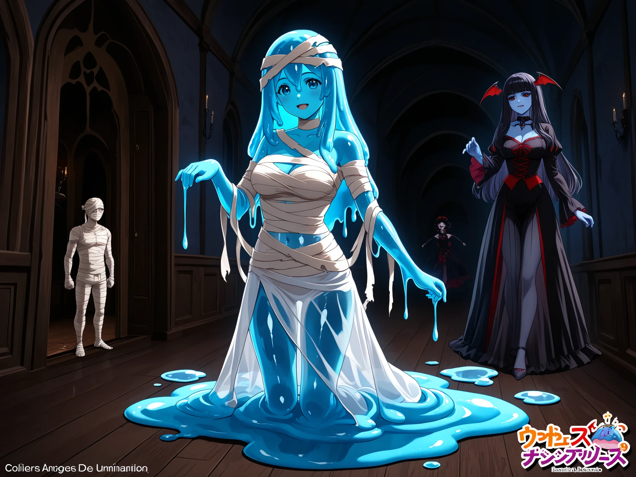 (Slime puddle,blue skin, translucent skin, colored skin,slime girl, monster girl, slime_girl,Transparent body,Slime puddle,Drippy slime,See-through clothes,Slime core),Vampire Dress,mummy costume,un grupo de chicas monstruos jugando videojuegos juntas,una vampira,una momia y una slime,alta calidad,4K,detallado,iluminación de estudio,colores vibrantes,interior,ambiente oscuro,estilo anime,fantasía,ilustración digital
