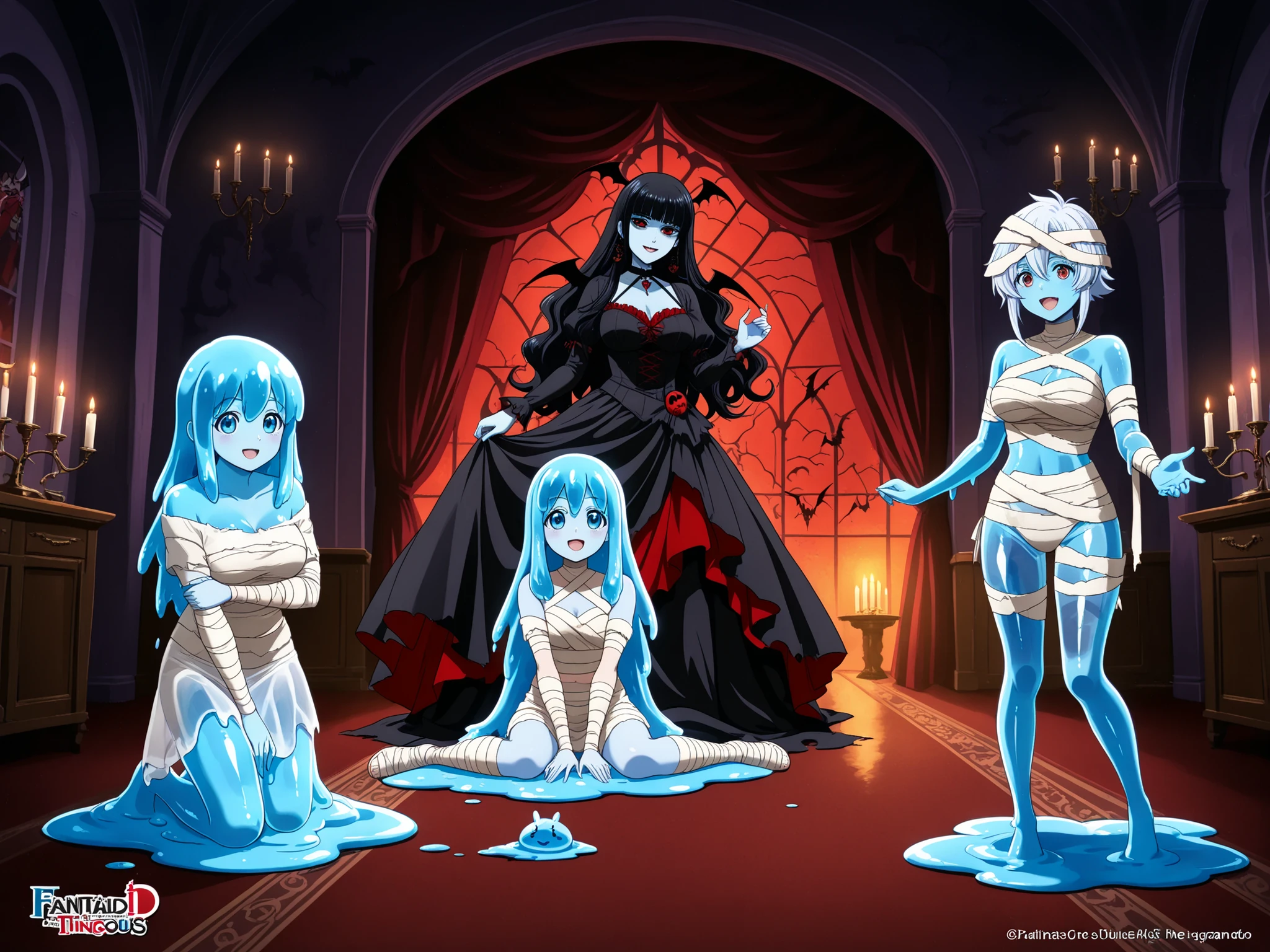(Slime puddle,blue skin, translucent skin, colored skin,slime girl, monster girl, slime_girl,Transparent body,Slime puddle,Drippy slime,See-through clothes,Slime core),Vampire Dress,mummy costume,un grupo de chicas monstruos jugando videojuegos juntas,una vampira,una momia y una slime,alta calidad,4K,detallado,iluminación de estudio,colores vibrantes,interior,ambiente oscuro,estilo anime,fantasía,ilustración digital