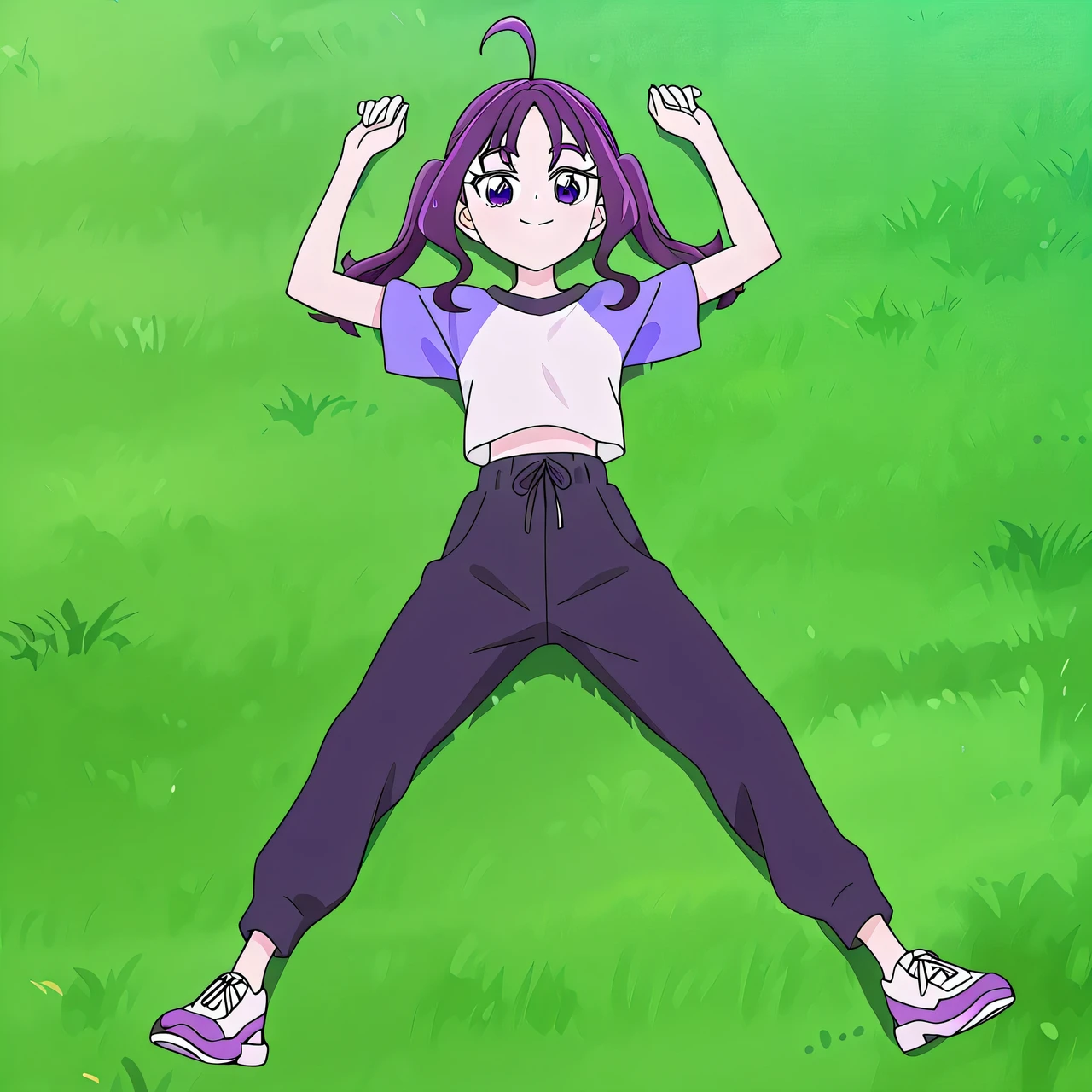shigure kokoro, gym uniform, short twintails, purple hair, long hair, sidelocks, ahoge, shiny hair, parted bangs, purple eyes, thick eyebrows, eyebrows visible through hair, t-shirt, white shirt, raglan sleeves, short sleeves, midriff, black pants, sweatpants, white footwear, purple footwear, sneakers, no socks, anime screencap, high quality, solo, lying, on back, arms up, legs apart, closed mouth, grass, full body, looking at viewer, smile, best quality,