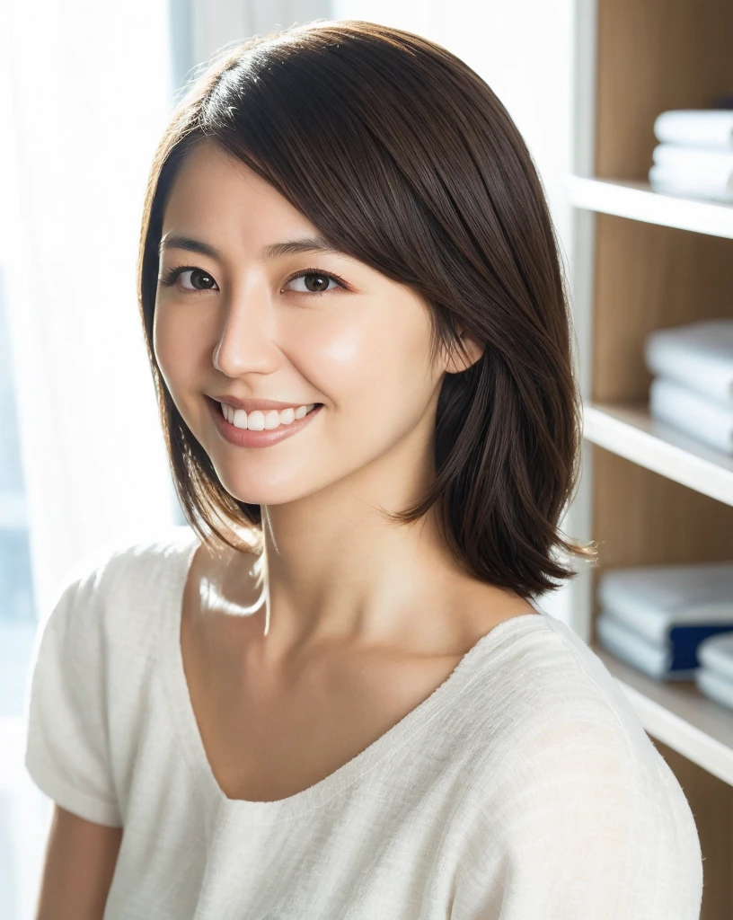 Portraiture, 8K, high quality, Realistic Photographic Images, Japanese women, 40 years old, Neat and clean wife, housewife, Beautiful wife, Small , Very small waist, Natural and realistic eyes, Cute face, Detailed face, smile, Beautiful black hair, Octane Rendering, Beautiful lighting, Golden ratio composition, Casual clothing, Plain clothing, Casual clothing, Indoor background, light makeup, Mature Woman, Background Blur