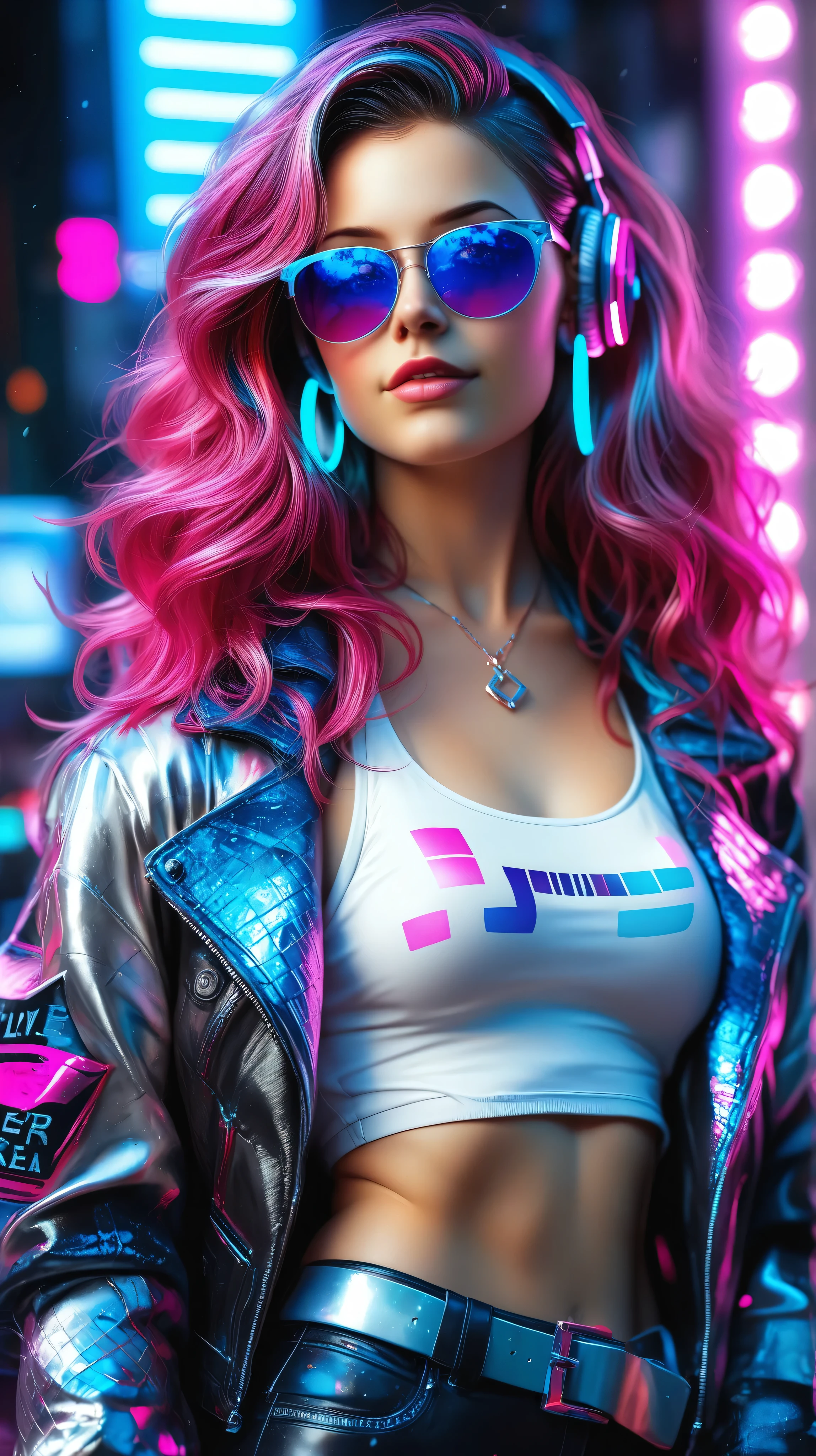 Ultra realistic portrait of a female DJ performing live, wearing a bright pink fitted tank top with splatter details and a patterned jacket slipping off her shoulders. She has long dark wavy hair with red neon highlights, wearing large metallic headphones and stylish reflective red sunglasses. Her hands are actively adjusting the DJ mixer and turntables, showing realistic skin textures, veins, and subtle lighting reflections. Scene illuminated with dramatic neon pink and blue glow, cinematic nightclub atmosphere, with sharp focus on her expression and equipment. Hyper-detailed textures of fabric, leather belt, metallic controls, and glossy surfaces. 8K ultra-high resolution, photorealistic, cinematic lighting, vibrant neon colors, realistic depth of field. —ar 3:4 —q 2-hd