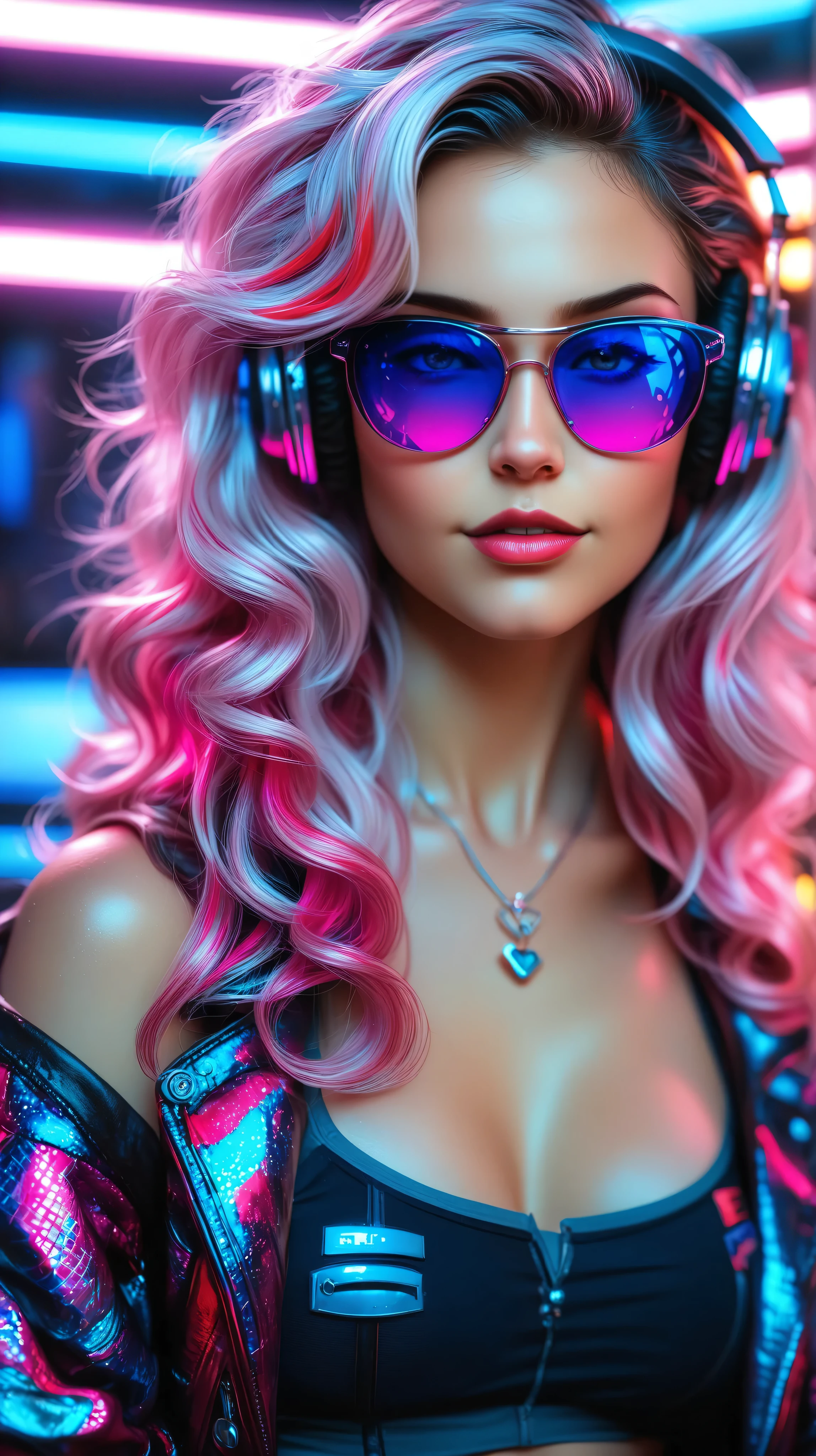 Ultra realistic portrait of a female DJ performing live, wearing a bright pink fitted tank top with splatter details and a patterned jacket slipping off her shoulders. She has long dark wavy hair with red neon highlights, wearing large metallic headphones and stylish reflective red sunglasses. Her hands are actively adjusting the DJ mixer and turntables, showing realistic skin textures, veins, and subtle lighting reflections. Scene illuminated with dramatic neon pink and blue glow, cinematic nightclub atmosphere, with sharp focus on her expression and equipment. Hyper-detailed textures of fabric, leather belt, metallic controls, and glossy surfaces. 8K ultra-high resolution, photorealistic, cinematic lighting, vibrant neon colors, realistic depth of field. —ar 3:4 —q 2-hd