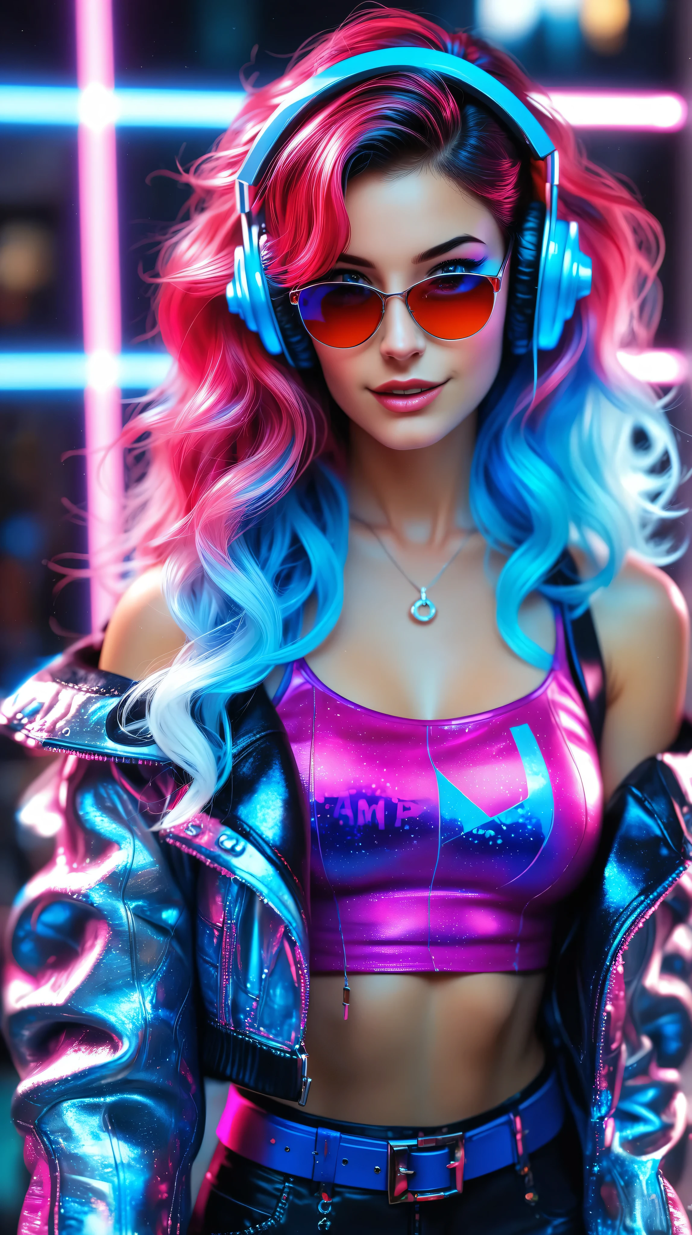 Ultra realistic portrait of a female DJ performing live, wearing a bright pink fitted tank top with splatter details and a patterned jacket slipping off her shoulders. She has long dark wavy hair with red neon highlights, wearing large metallic headphones and stylish reflective red sunglasses. Her hands are actively adjusting the DJ mixer and turntables, showing realistic skin textures, veins, and subtle lighting reflections. Scene illuminated with dramatic neon pink and blue glow, cinematic nightclub atmosphere, with sharp focus on her expression and equipment. Hyper-detailed textures of fabric, leather belt, metallic controls, and glossy surfaces. 8K ultra-high resolution, photorealistic, cinematic lighting, vibrant neon colors, realistic depth of field. —ar 3:4 —q 2-hd