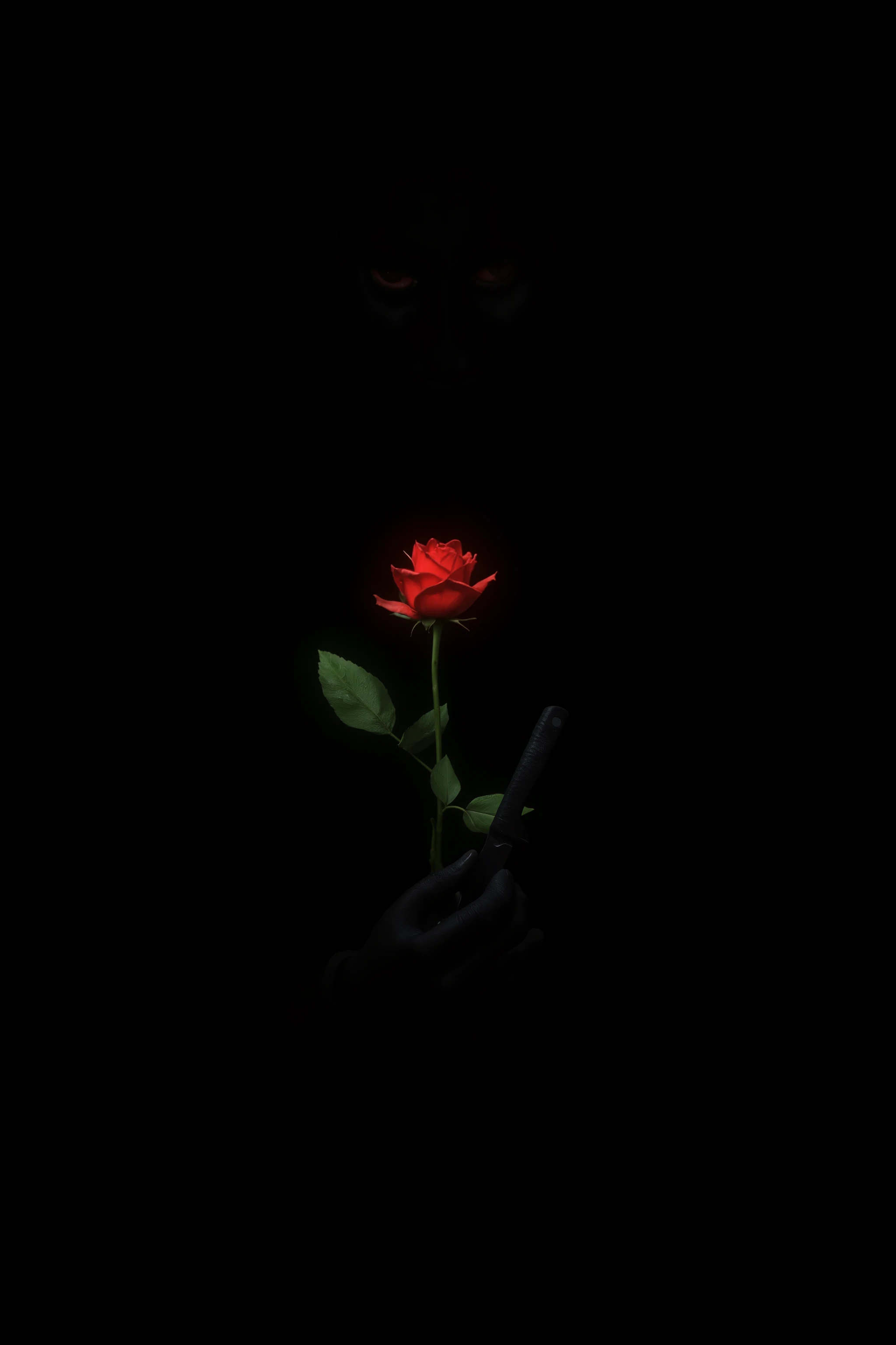half face covered in shadow,Realistic、The background is solid black、black gloves、Only a white mouth, a knife in his hand, and a red rose are floating out of the dark、no light source