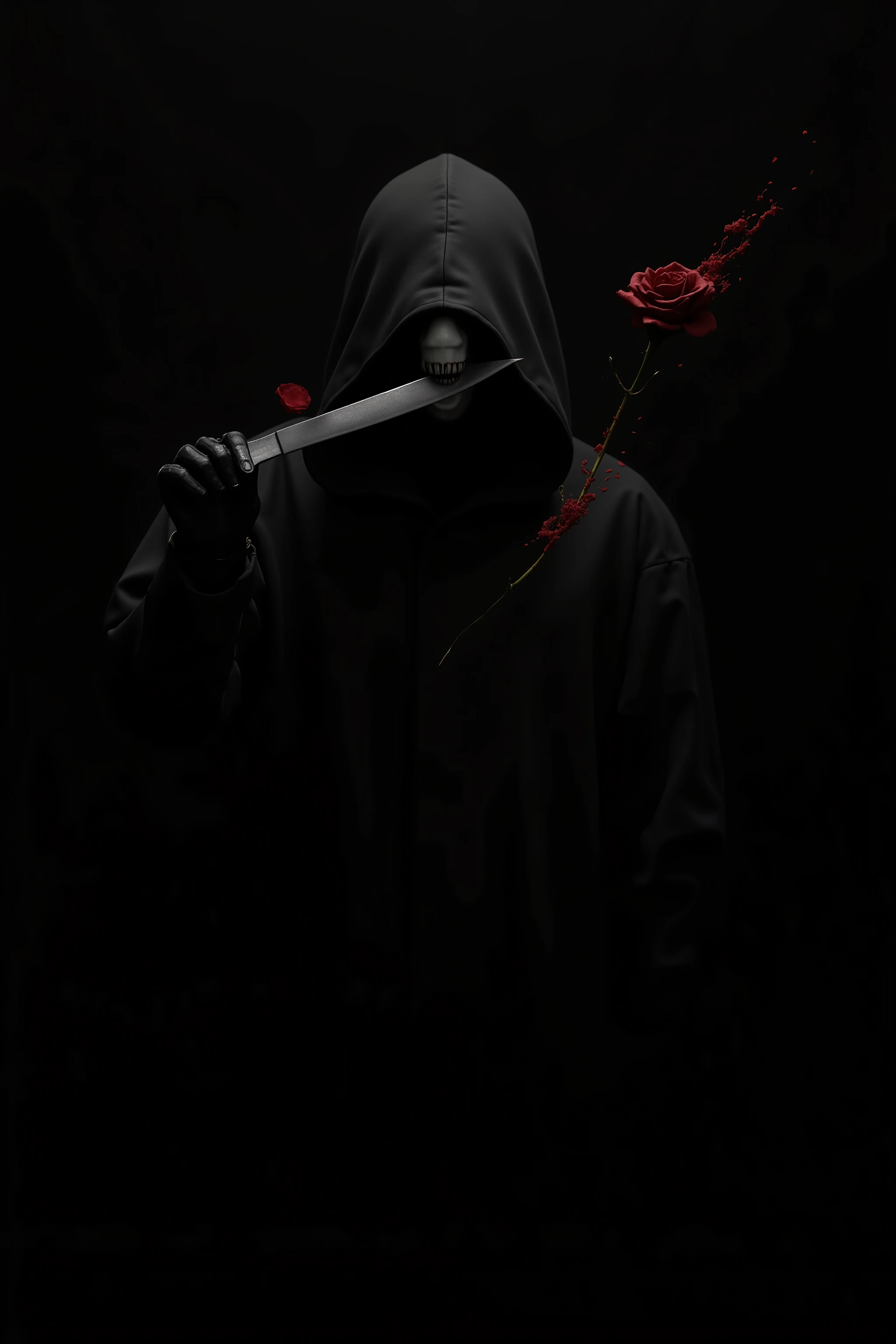 Realistic、The background is solid black、black gloves、Only a white mouth, a knife in his hand, and a red rose are floating out of the dark、no light source