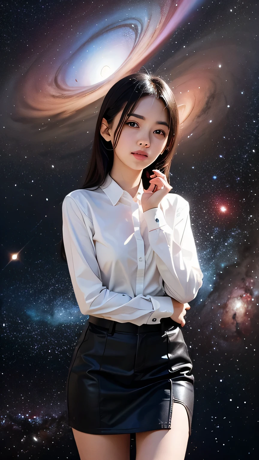 Lara Costafreda, Chiho Saito, Leopoldo Metlicovitz, Surrealism, Mystery, Strange, Fantastic, Fantasy, Sci-fi, Fantasy, Japanese Anime, Like a migratory bird: Nebulae, galaxies, and star networks. Beautiful miniskirt high school girl. Perfect body, solo girl, Formulas for drawing movement, detailed masterpiece angles perspectives