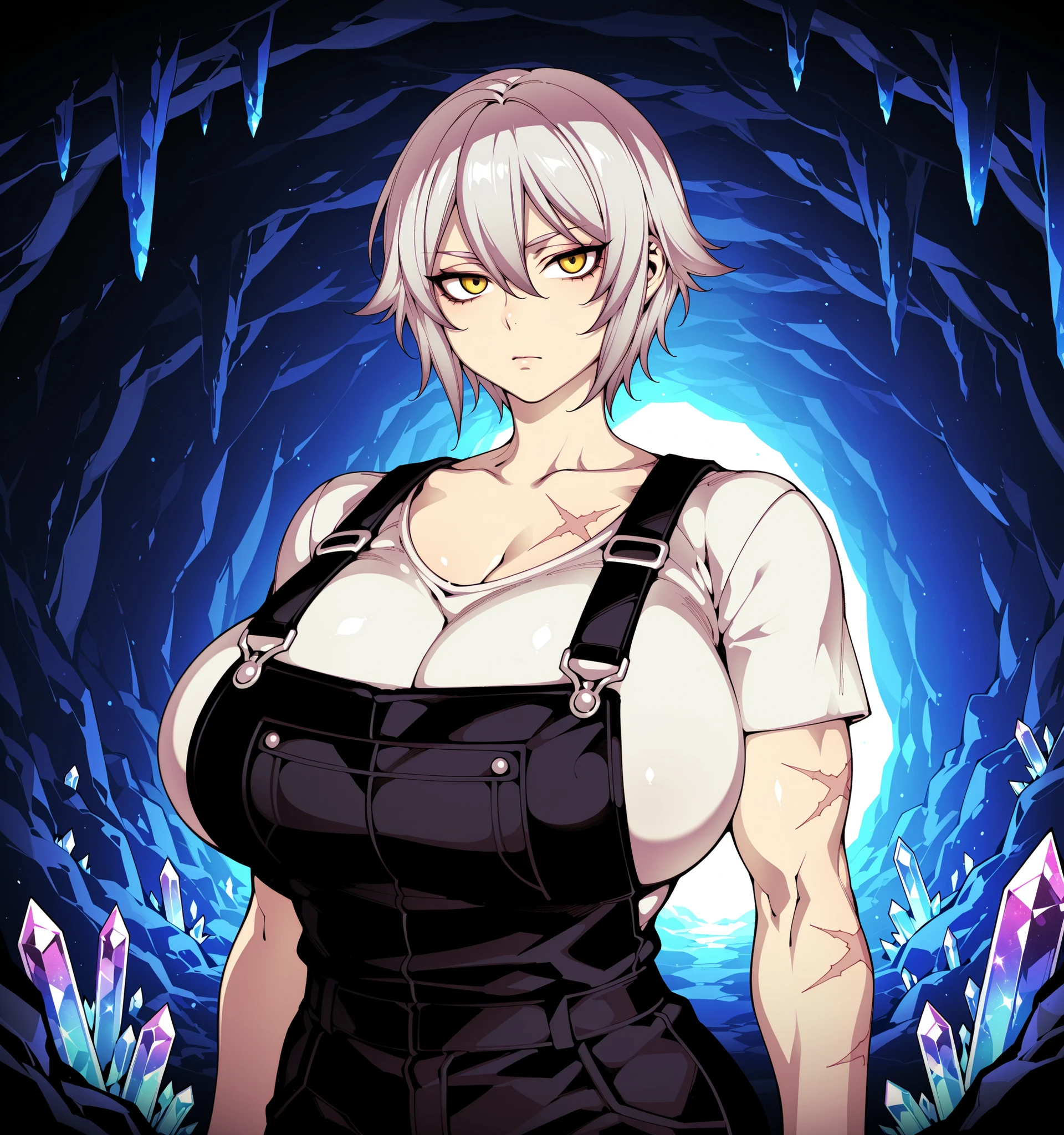 Source_anime, fishine style, 1girl, solo, knight girl BREAK
White_hair, short hair, wolf_cut, hair between eyes, huge breasts, yellow eyes, muscle growth, scar on chest BREAK
White shirt, short sleeves, black overalls BREAK
Looking at viewer, serious face, emotionless, closed mouth, standing,
Cave interior, Gem,Cryscavemb, crystal, cave, blue interior
