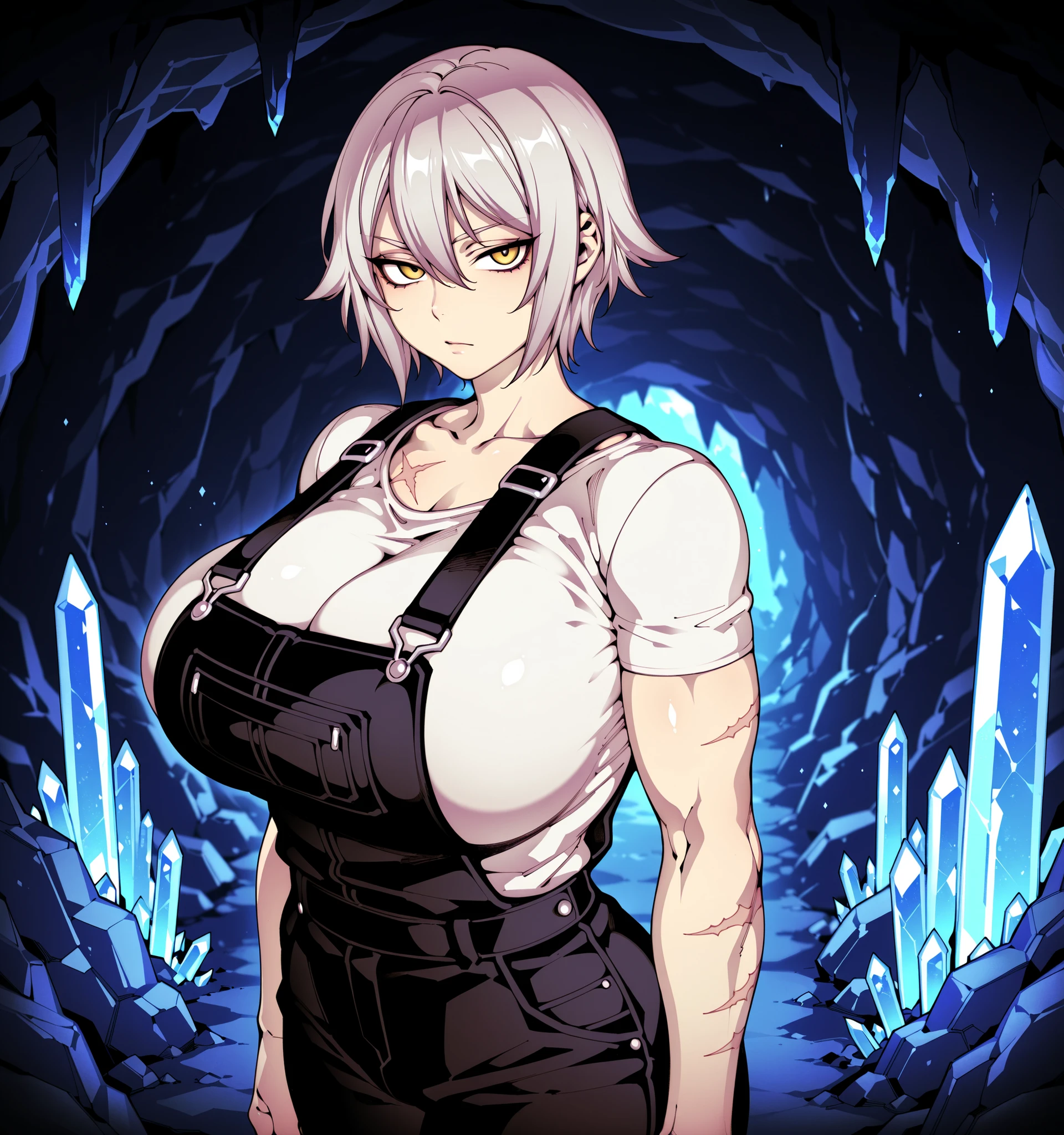 Source_anime, fishine style, 1girl, solo, knight girl BREAK 

White_hair, short hair, wolf_cut, hair between eyes, huge breasts, yellow eyes, muscle growth, scar on chest BREAK 

White shirt, short sleeves, black overalls BREAK  

Looking at viewer, serious face, emotionless, closed mouth, standing,

Cave interior, Gem,Cryscavemb, crystal, cave, blue interior