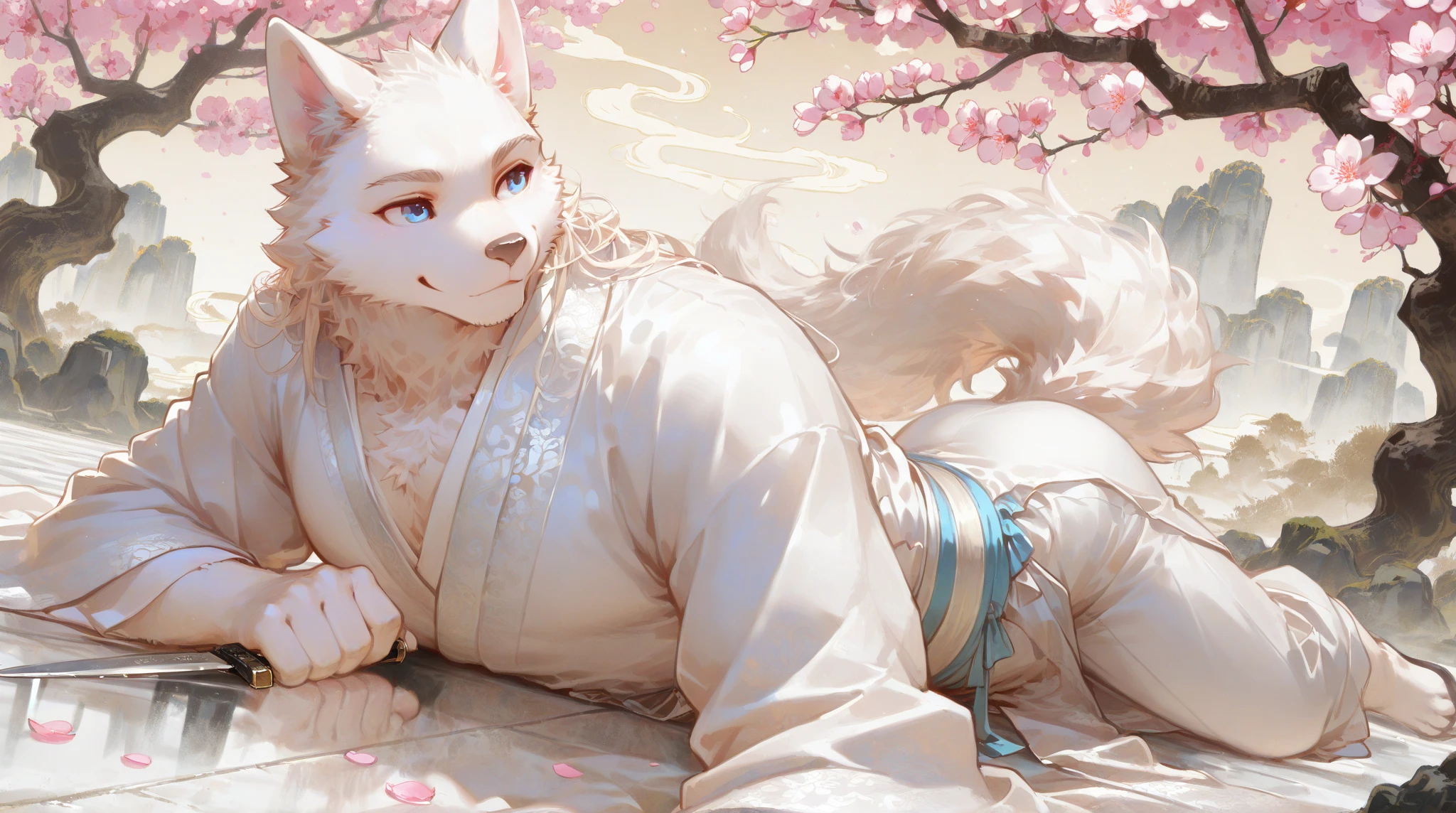 a female kitsune with big, long, and fluffy tail, gold, pink and white color fur, laying leisurely on a bed, wearing a kimono