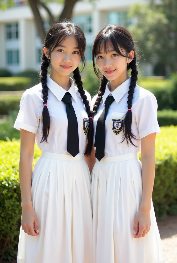 two girls standing in the park,Plain white school gym shirt with navy blue trim,Navy blue speed briefs,Red headband,White headband,18-year-old,bangs,A small smile,Thighs,knees,Straight hair with barrette,From below,Front light, White  visible through the skirt、Lift the hem of the skirt with both hands to reveal the .