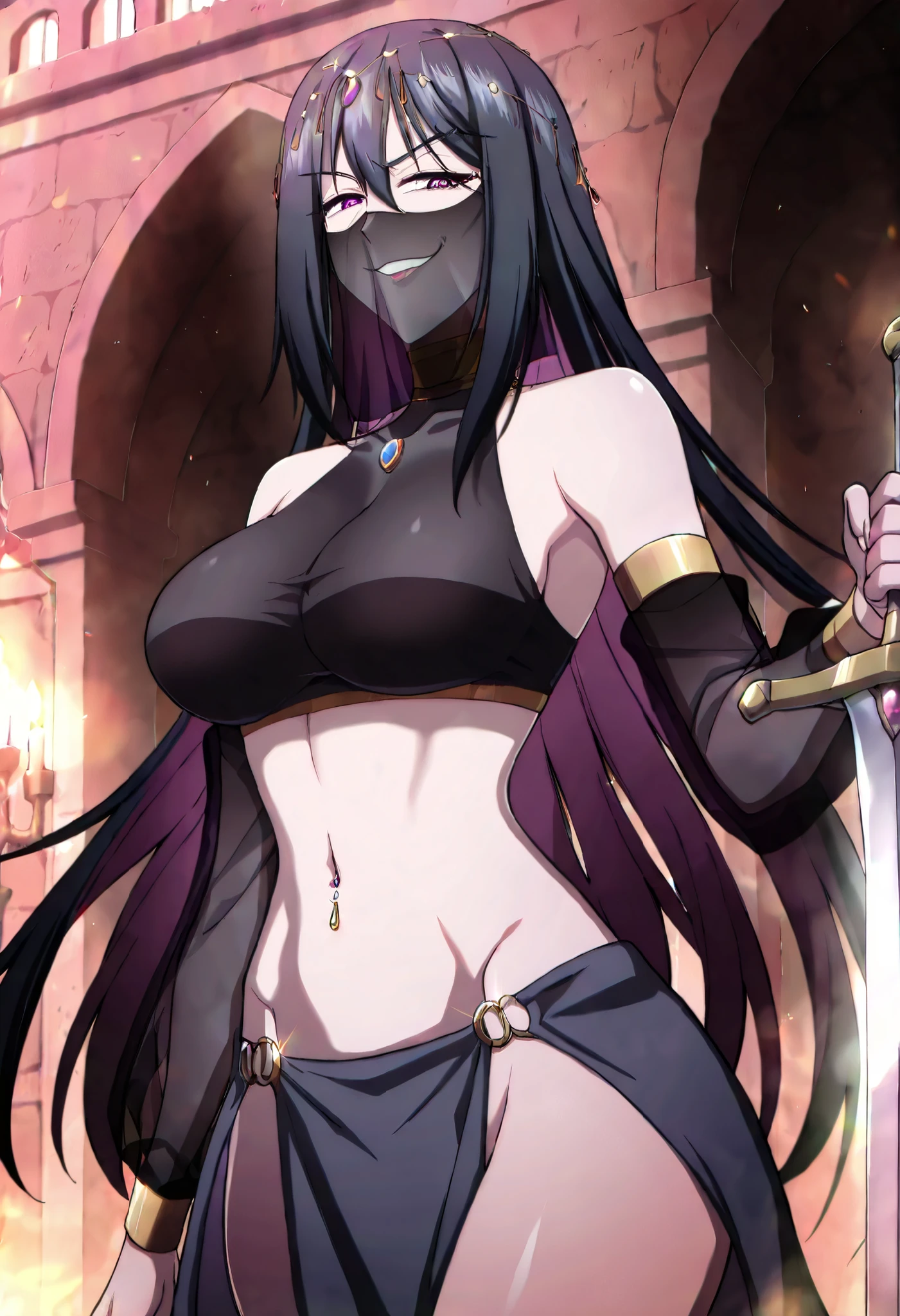 masterpiece, best quality, amazing quality, very aesthetic, absurdres, newest, scenery, 1girl, solo, long hair, black hair, purple eyes, circlet, hair between eyes, arabian clothes, gold choker, turtleneck, covered collarbone, bare shoulders, black crop top, detached sleeves, see-through sleeves, midriff, navel, o-ring, waist cape, pelvic curtain,, shiny skin, castle,inside castle, masterpiece, best quality, highly detailed ,gold_choker, complex detailed
background, inside, holding a sword, sword,harem_outfit,navel, necklace,
pelvic_curtain,revealing_clothes, veil, masterpiece,best quality,mature,evil
smile ,necklace,pendant, (nsfw) not safe for work, exposed belly, exposed navel, midriff,
exposed lower belly, ,cleavage, navel piercing, european architecture, palace, medium large breast ,looking at viewer , dragon tattoo on waist, narrowed eyes, tattoo on waist, anipai_style , anime screencap , anime coloring, v-shape eyebrows,