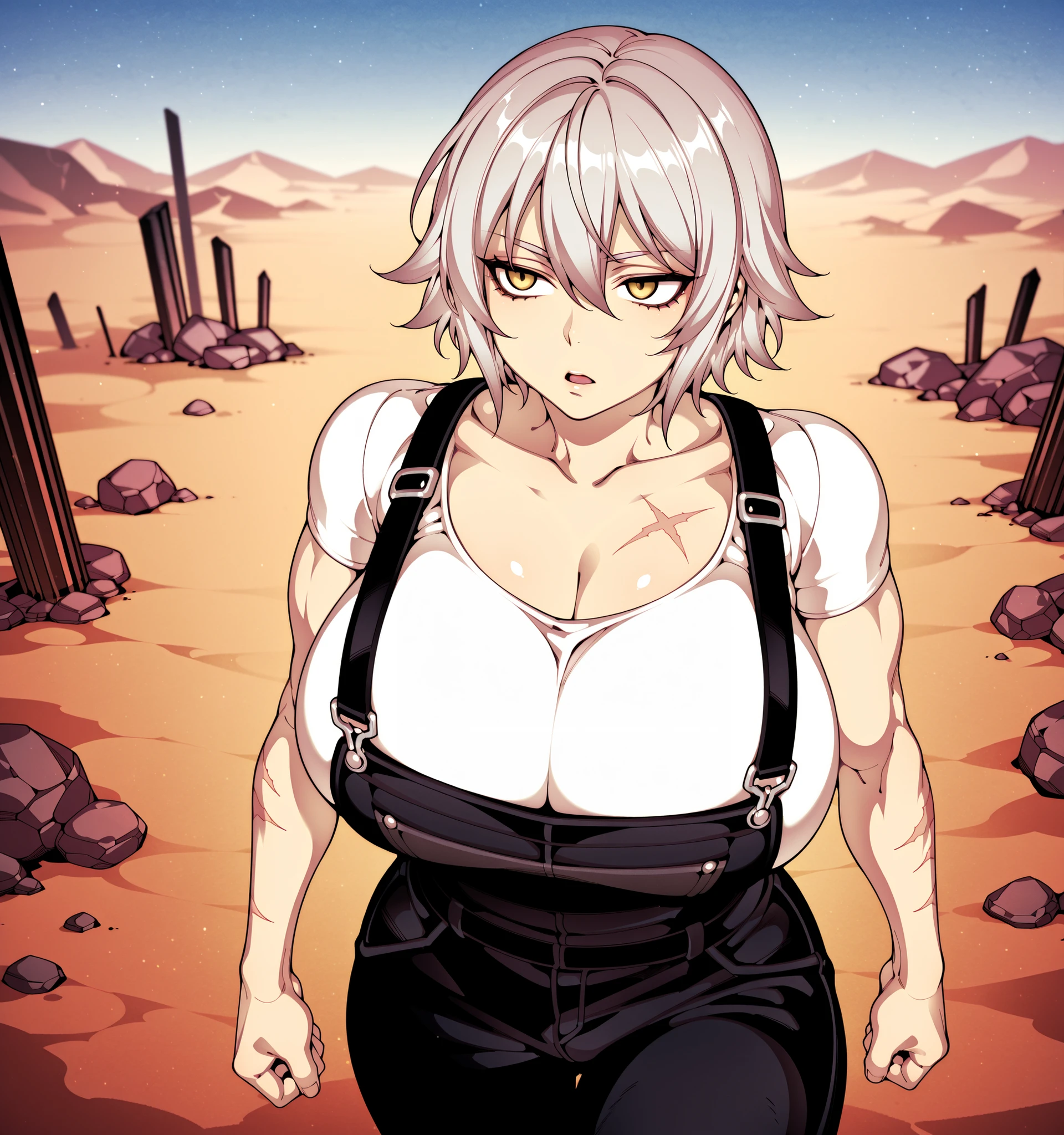 Source_anime, fishine style, 1girl, solo, knight girl BREAK 

White_hair, short hair, wolf_cut, hair between eyes, , yellow eyes, muscle growth, scar on  BREAK 

White shirt, short sleeves, black overalls BREAK  

Looking away, serious face, emotionless, open mouth, walking,

Ruins island, outdoors, Desert, sands, sandy landscape, stone pillars, rocks