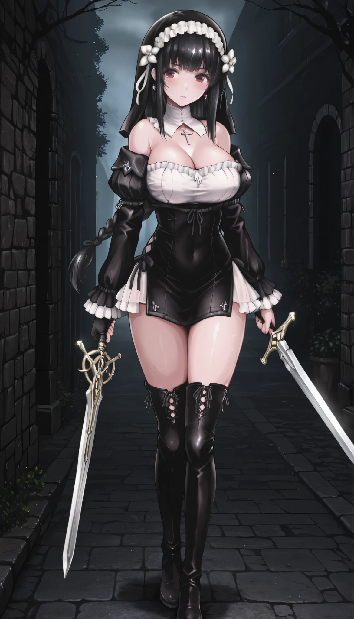 masterpiece, the best quality, muy estético, approach, 1girl, rabiane, only, Alone, standing, holds a sword in his hand, serious look, black high boots, thigh-high boots, cross necklace, detailed face, detailed eyes, detailed eyes, Red Eyes, black hair, Pechos grandes, dark, Masonry street, Villa Antigua, fog, trees, at night
