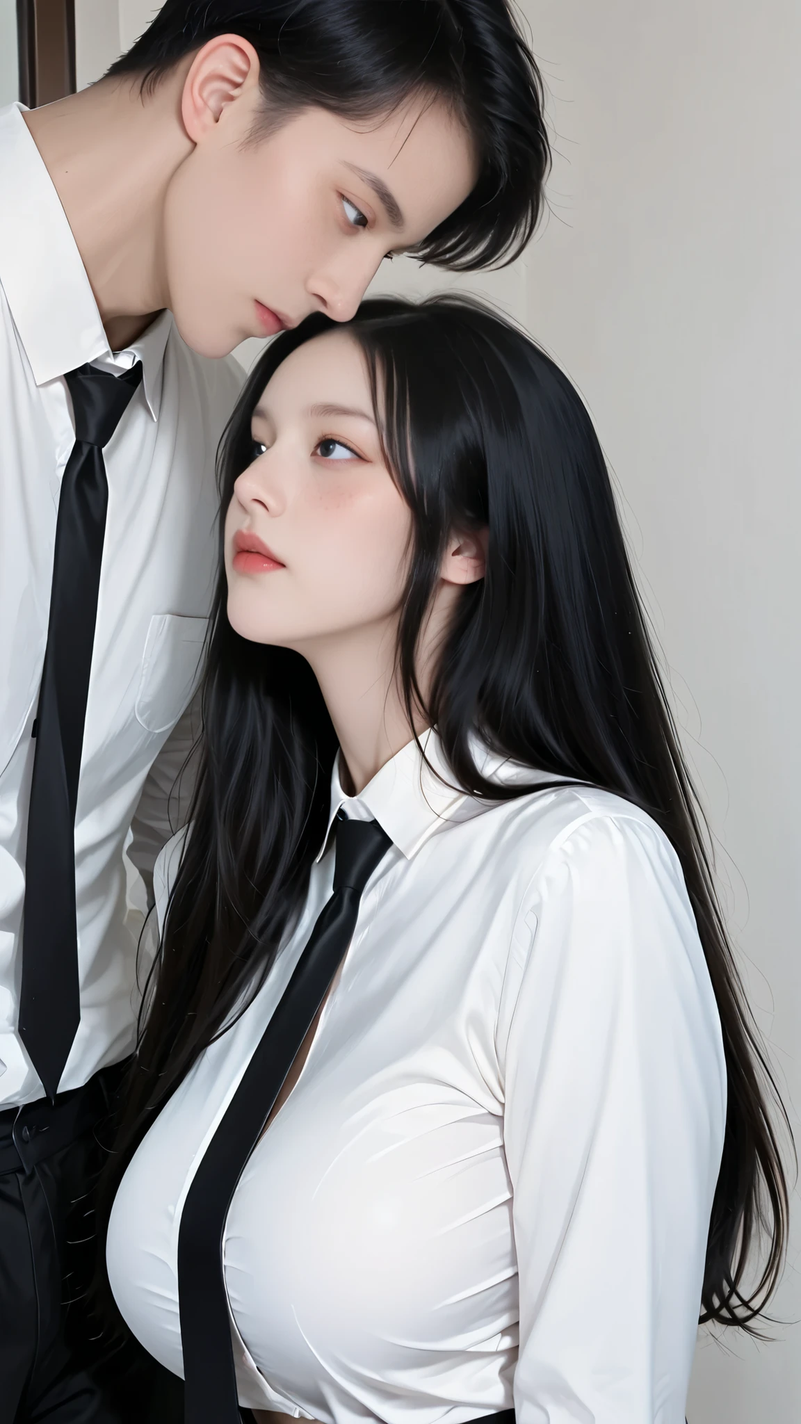 score_9, score_8, score_7,masterpiece, best quality, vibrant, very aesthetic, high contrast, photorealistic, newest, koreanai, best_quality, finely_detailed_eyes_and_detailed_face, realistic skin, duo_focus, hetero, couple, BREAK, (1 girl), asian, beautiful, black_hair, long_hair, no bangs, forehead exposed, (large_breasts), tall, black_eyes ,outfit:, white_dressshirt, long_sleeves, (black_necktie:1.2), black_pencil_skirt,pose: polite_stance, upright_posture, korean_makeup, standing, dynamic_pose, (looking_at_another:1.2), (expressionless:0.7),Blemishes, freckles, BREAK, 1 man, white_dressshirt, black_necktie, black_pants, background: streets, (side_view:1.4),(upper_body), skin texture style, realism, detailed, , fembeauty
