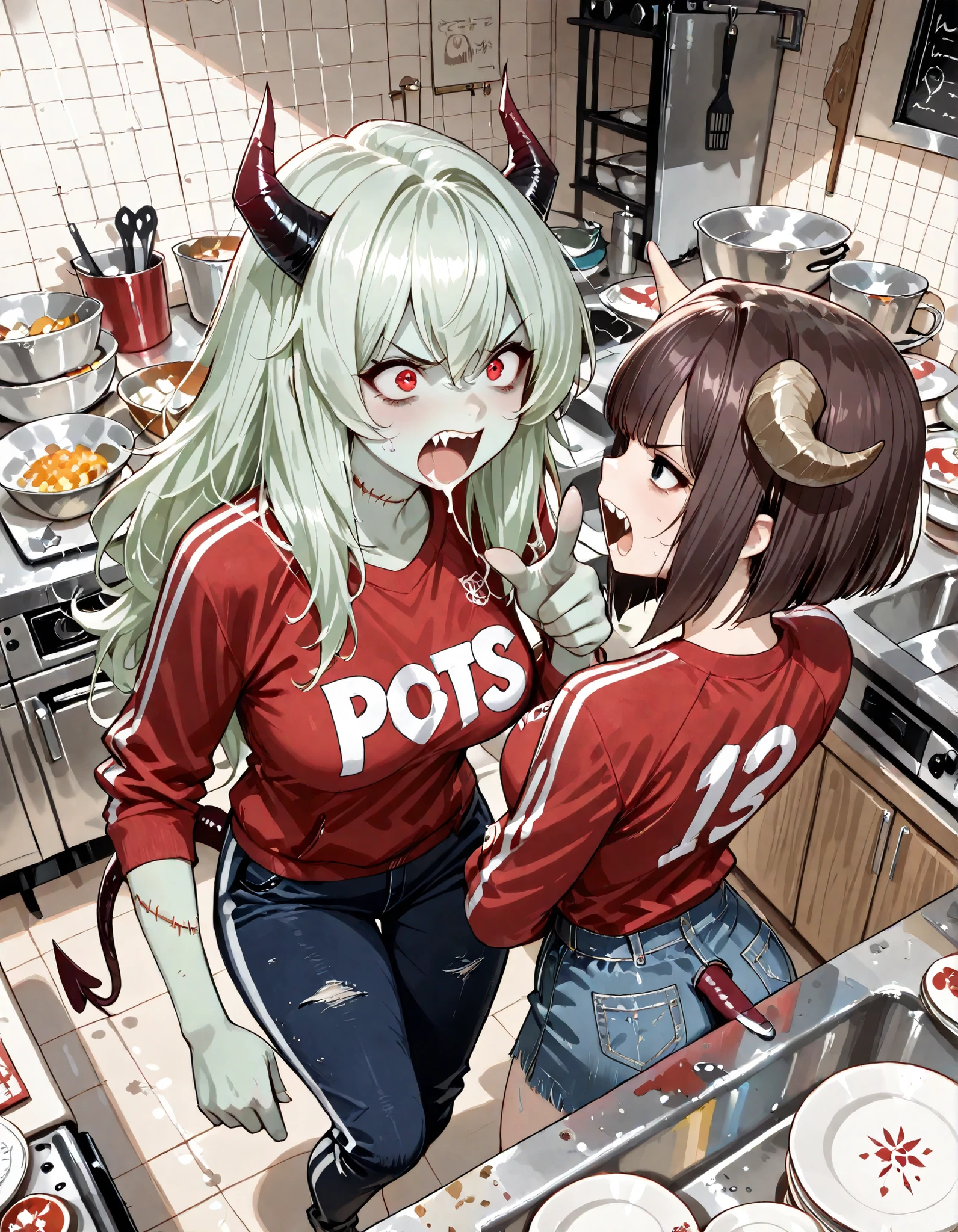 (high quality, ultra high resolution, masterpiece, Super Detailed, 8k, fine-grained), 2 women, face to face, ((Middle-aged men having discussions in, dynamic action scene)), (1st woman, Young Girl Zombie, Brown Long Hair, Light green skin, beautiful character design pointing to the kitchen, Perfect Contrast, Plain face, expressive eyes, black eyes, Sewn Neck, Dissatisfied face, Tees, jersey pants, pointing to the kitchen), (2nd woman, Adult Woman's Devil, Red Short Bob, beautiful character design pointing to the kitchen, Perfect Contrast, beautiful faces, expressive eyes, red eyes, Horns on the head, Devil's Tail, [[angry expression]], Open Your Mouth Wide, Tees, denim skirt), In a dirty kitchen, (many unwashed pots and dishes are casually piled up in the kitchen sink:1.5), (from above:1.2)
