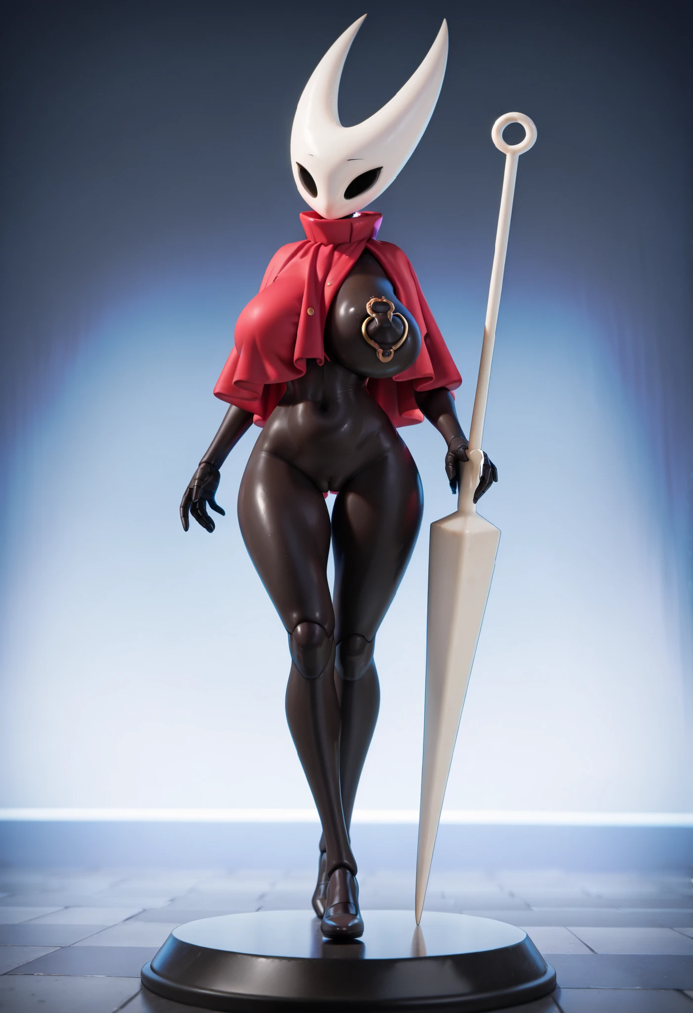 ( masterpiece,  best quality), safe,  incredible quality,  very aesthetic, absurdities, highres,  newest , HDR-10, 8K,  high detail RAW color art ,  large pupil ,  tabs,  high-detail RAW color art ,1 girl,3D, super realistic action figure,on a toy base, Camel toe ,((hornet from hollow knight)),thin silver  hair , , little clothing and tight,large breast, saggy breast , (((full body view)) ((full body picture)) ((pointy breast))