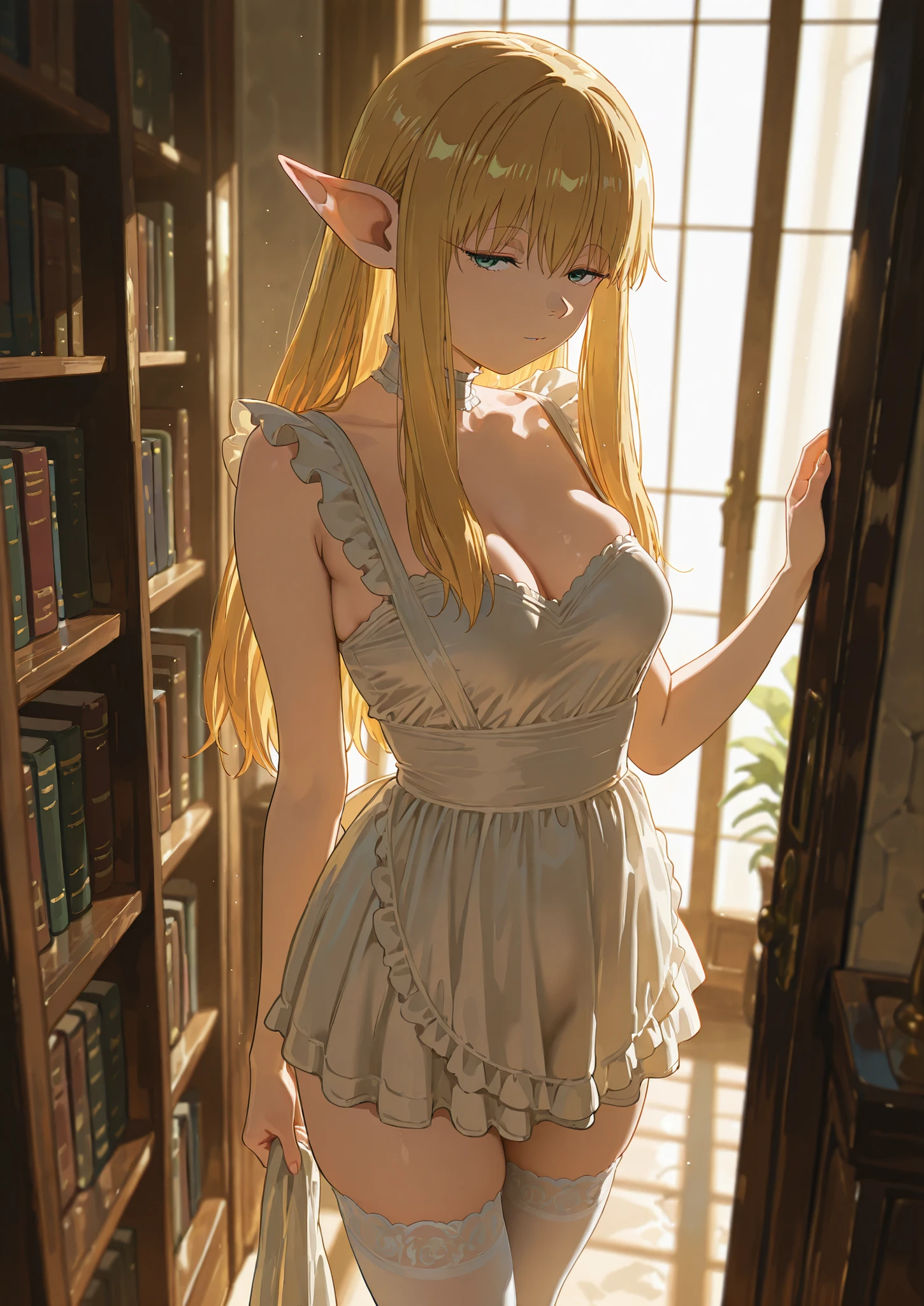 1girl, solo, serie, sousou no frieren, blonde, sexy maid outfit, white thigh highs, naturally sagging medium breasts, standing, cleaning a bookshelf, luxurious medieval fantasy apartment, seductive, sexy erotic pose, alluring atmosphere, beautiful lighting and shadows,BREAK, masterpiece,top quality,warm color,high resolution,high fashion,absurdres extremely,vivid colors,intricate details,best quality,amazing quality,very aesthetic,newest,ultra-detailed,nsfw,