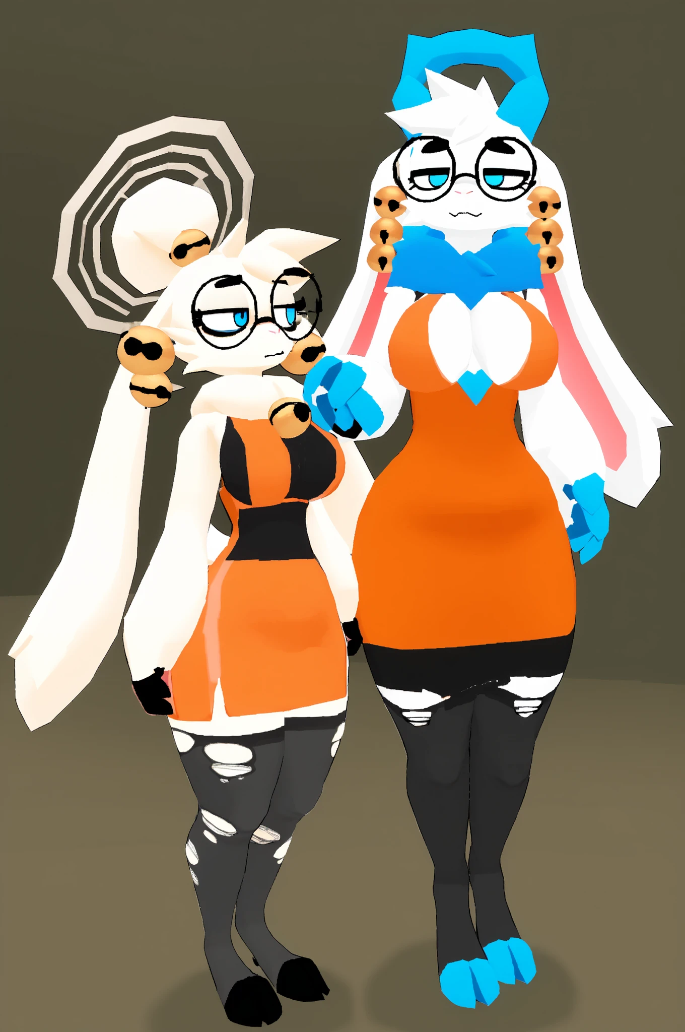 digital media (artwork), hi_res, score_9, score_8_up, score_7_up, score_6_up, score_5_up, score_4_up, BREAK, diives, hoovesart, 3d, atlyssstyle, low poly, BREAK, Expressiveh, AtlyssAngela, goat, caprine, floppy ears, big breasts, blue eyes, white fur, white body, bell collar, neck tuft, round glasses, blue horn, tall, thick thighs, wide hips, bells, long tail, orange skirt, pencil skirt, thigh highs, halo, torn stockings