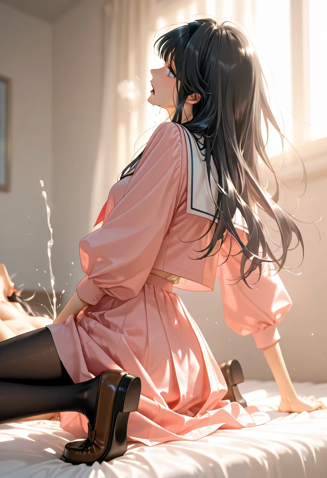 score_9, score_8_up, score_7_up, score_6_up, score_5_up, score_4_up, Woman, kaoruko, black hair,long hair,blue eyes,black hairband,
school uniform,pink dress,white sailor collar, serafuku,puffy sleeves black pantyhose, loafers, brown footwear,, {Highest Quality}, {very aesthetic}, {super detailed}, {最高ofイラスト}, , girl, , arching her back into a bridge position, leaning back, arched back, head back, back head on bed, , , black hair, sweat, drool, , on bed, from below, Highest Quality, very aesthetic, Depth_of_field, solo focus