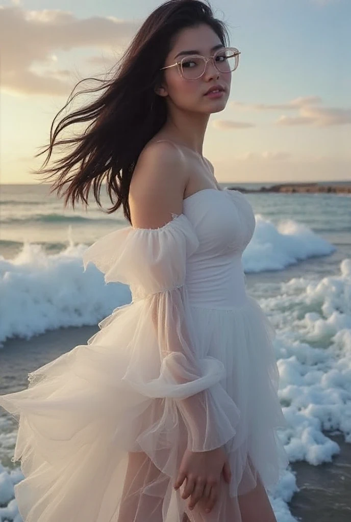 (masterpiece, best quality:1.2), 1girl, solo, standing, arm up, stretching, delicate face, white-skinned female,  silhouette, white dress, full body, outdoor, on the beach